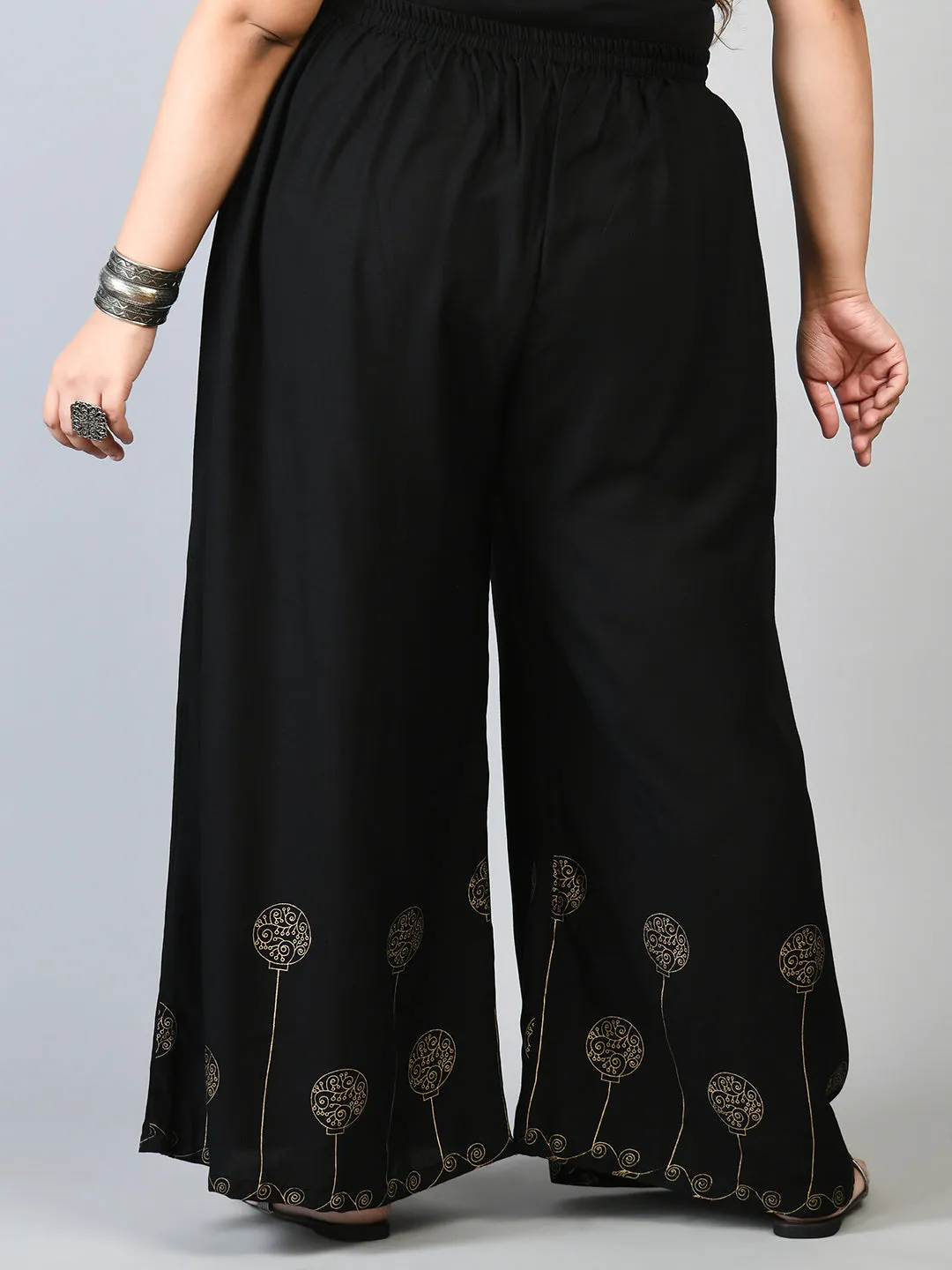 Plus Size Plus Size Black Gold Printed Palazzos