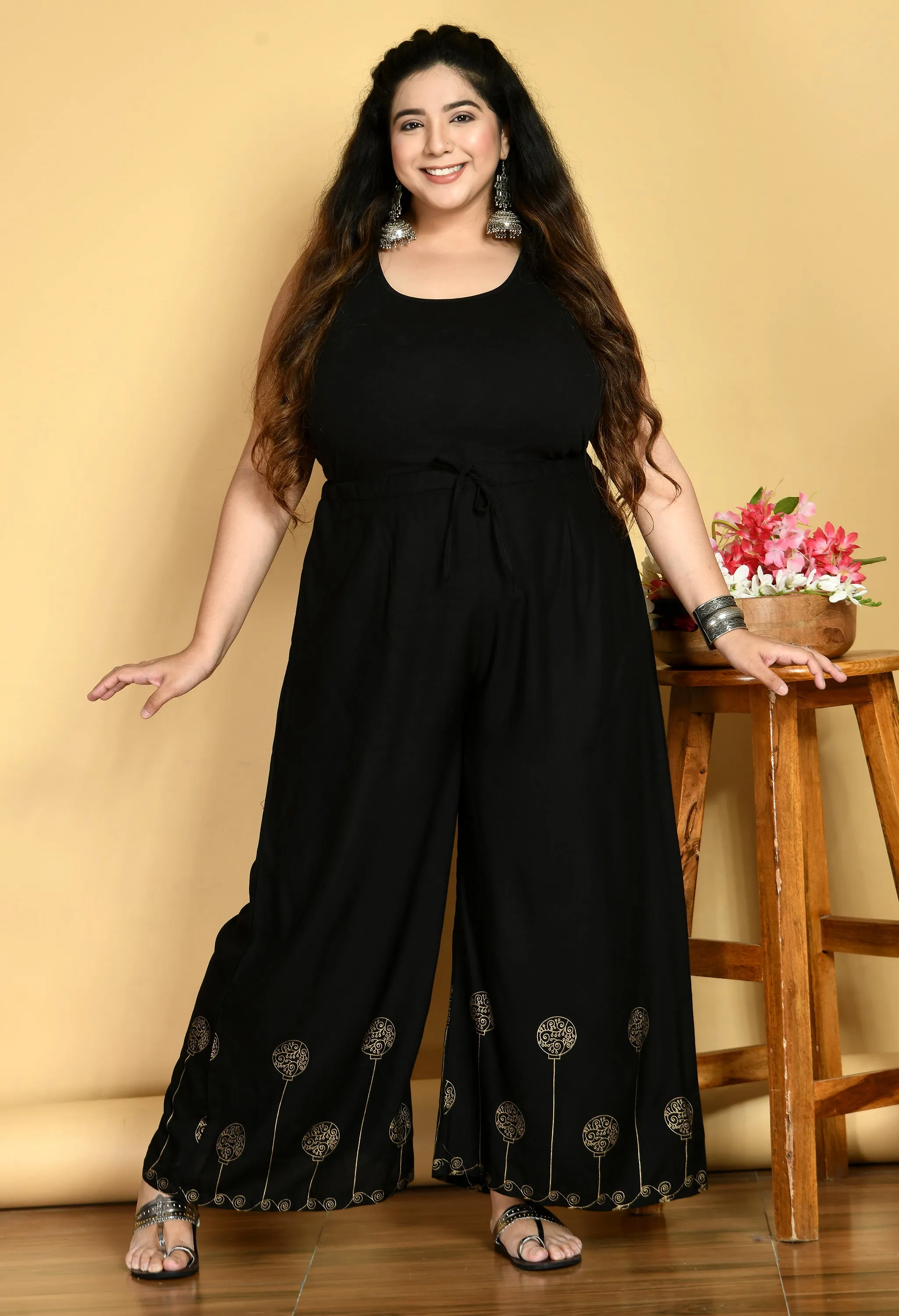 Plus Size Plus Size Black Gold Printed Palazzos