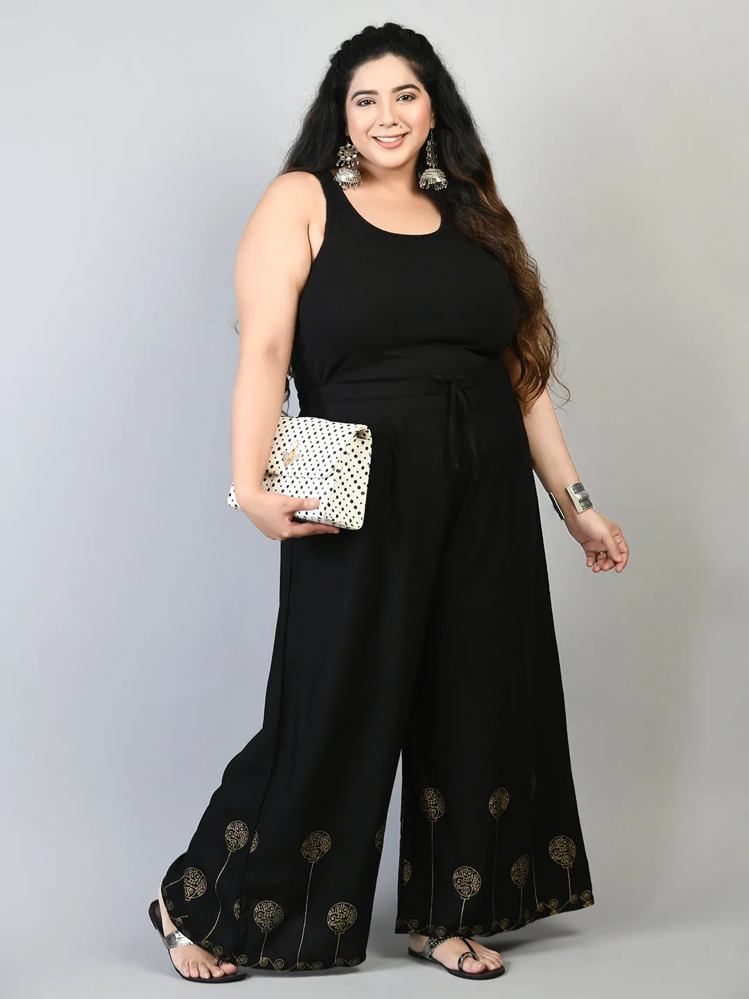 Plus Size Plus Size Black Gold Printed Palazzos