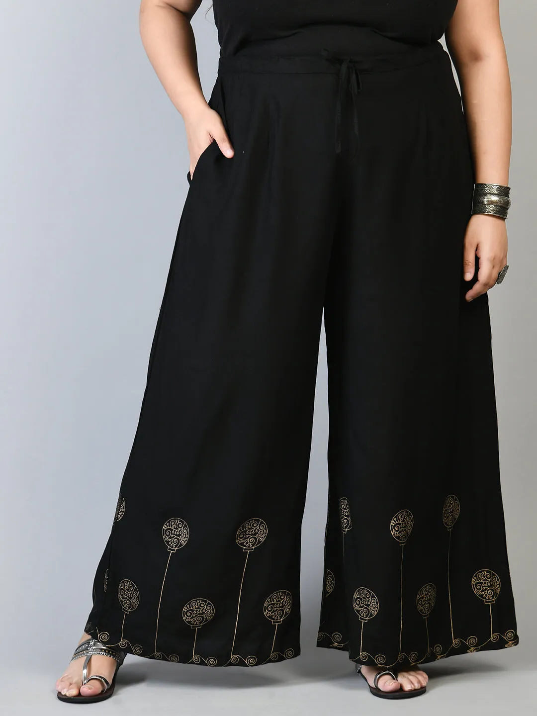 Plus Size Plus Size Black Gold Printed Palazzos