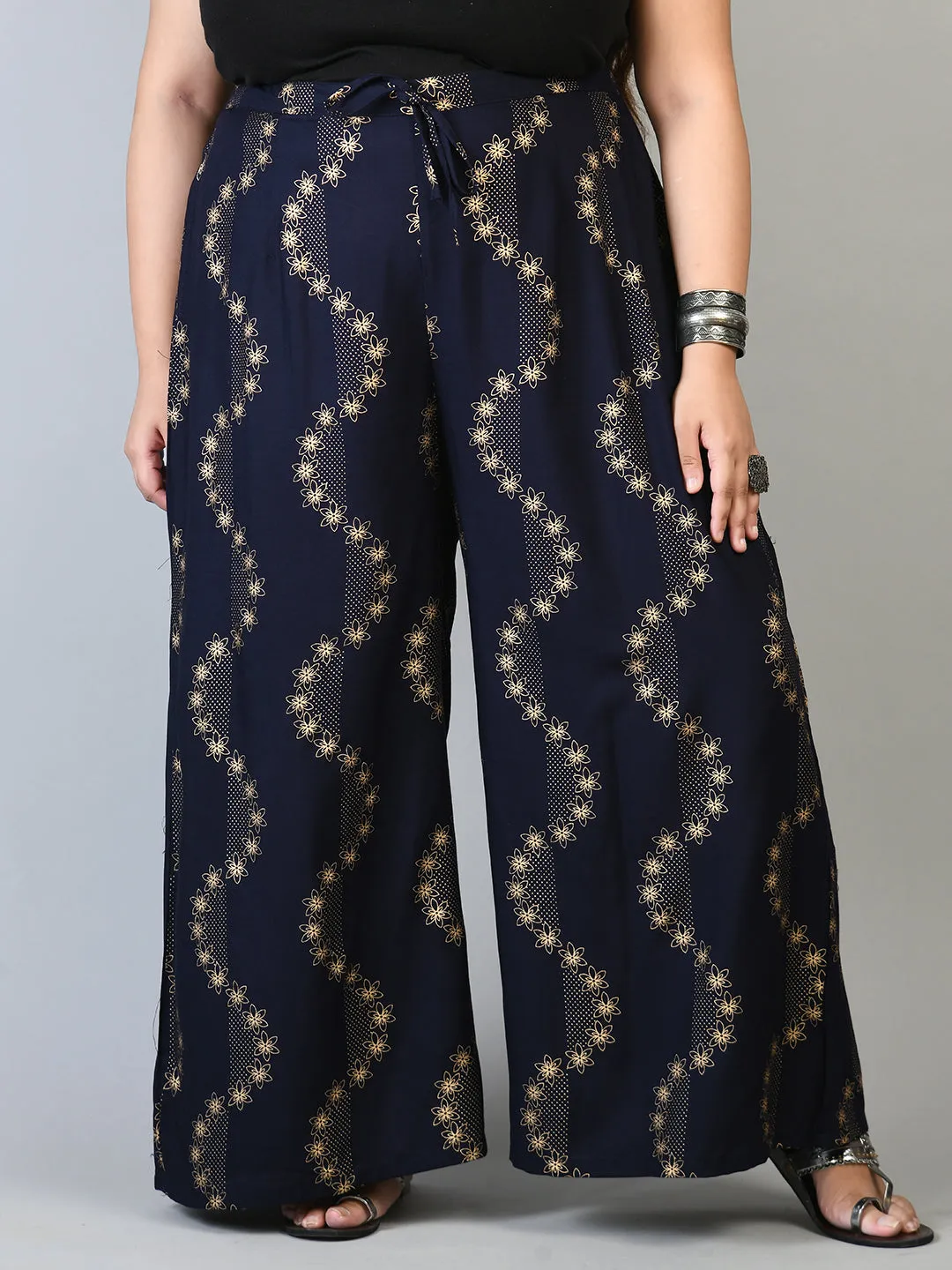 Plus Size Plus Size Navy Blue Floral Gold Printed Palazzos