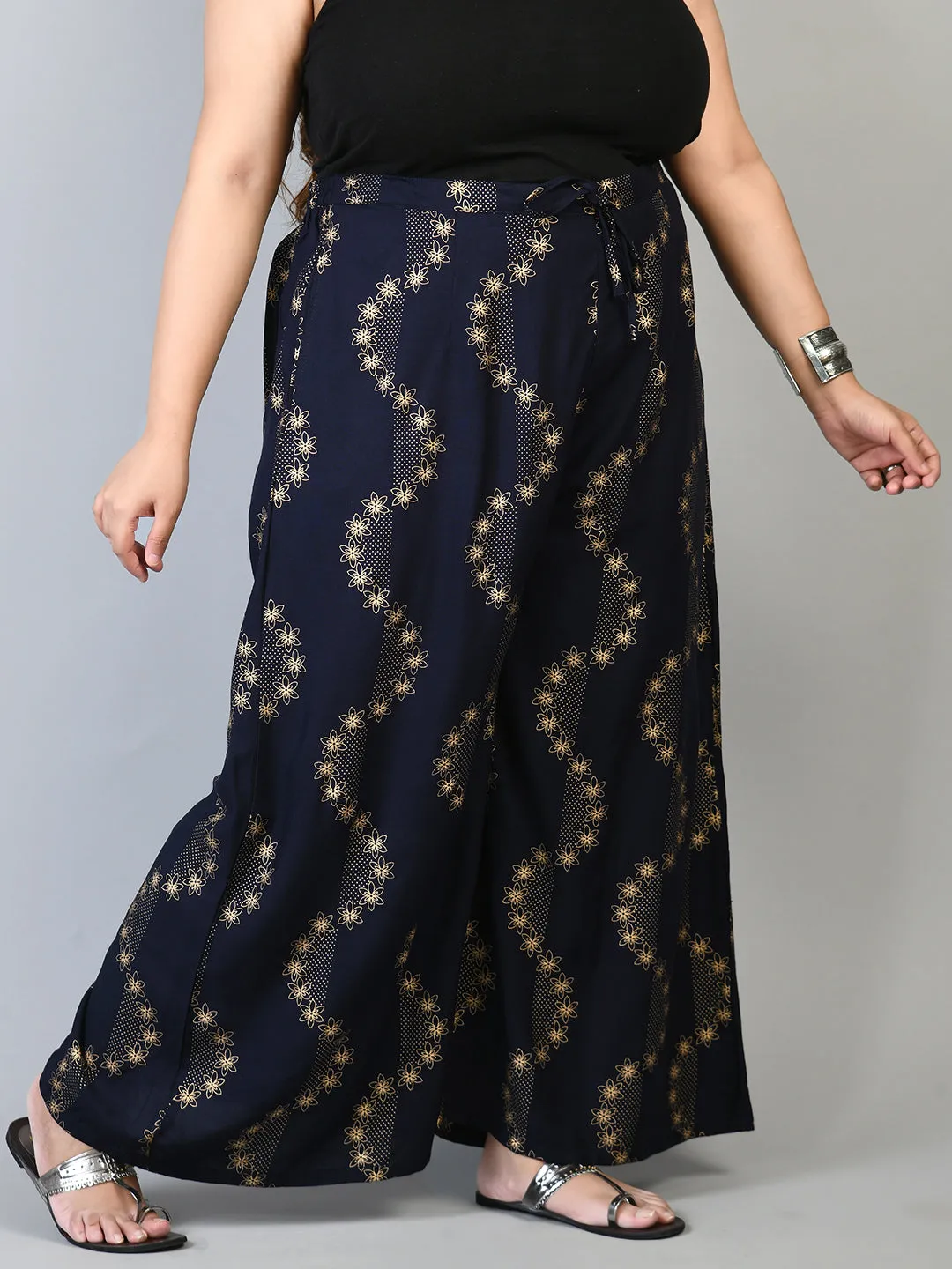 Plus Size Plus Size Navy Blue Floral Gold Printed Palazzos