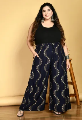 Plus Size Plus Size Navy Blue Floral Gold Printed Palazzos