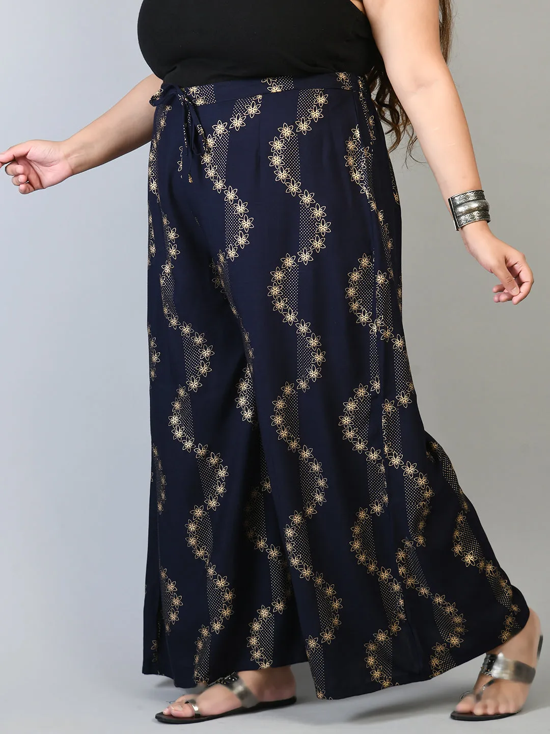 Plus Size Plus Size Navy Blue Floral Gold Printed Palazzos