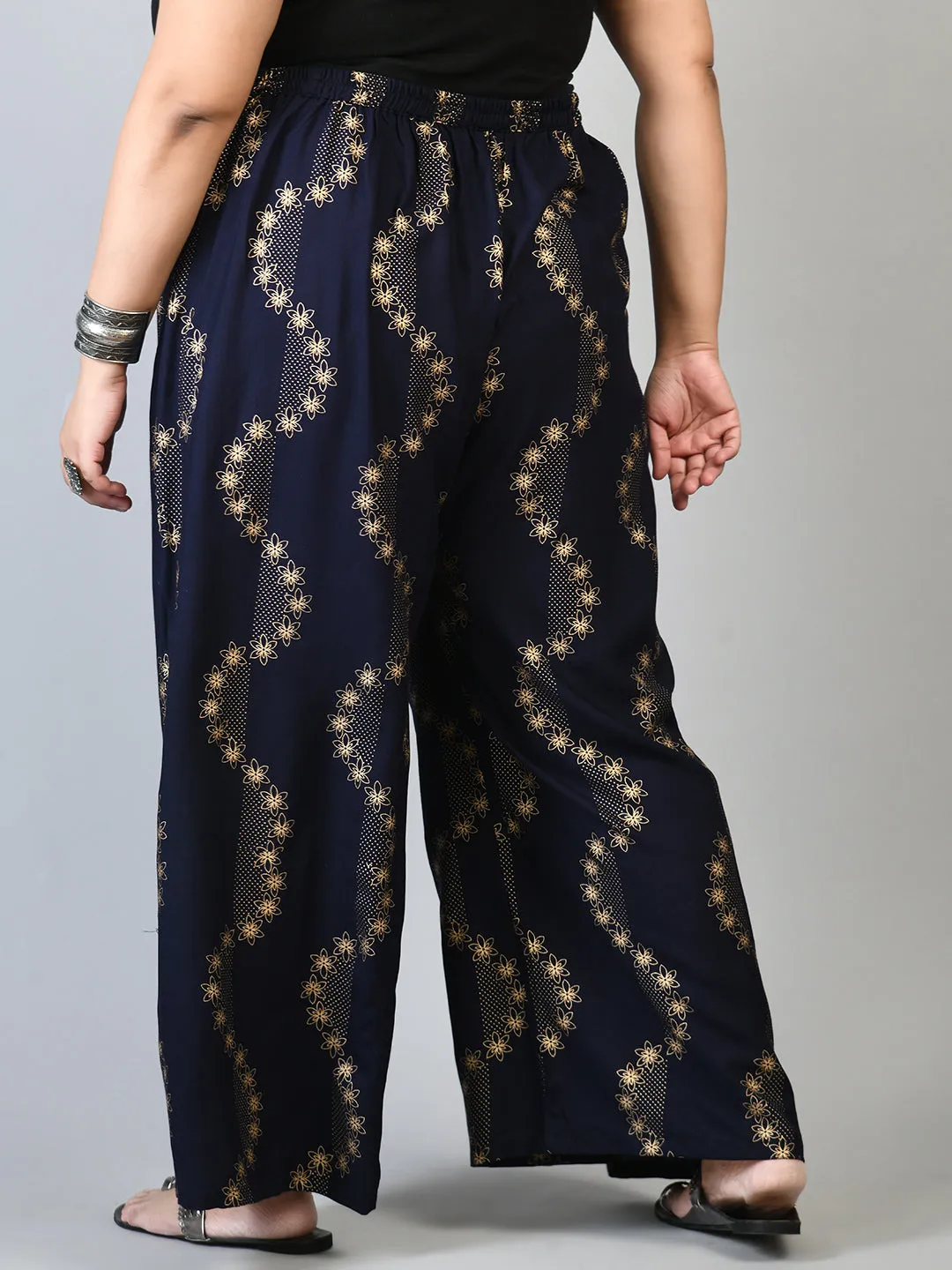 Plus Size Plus Size Navy Blue Floral Gold Printed Palazzos