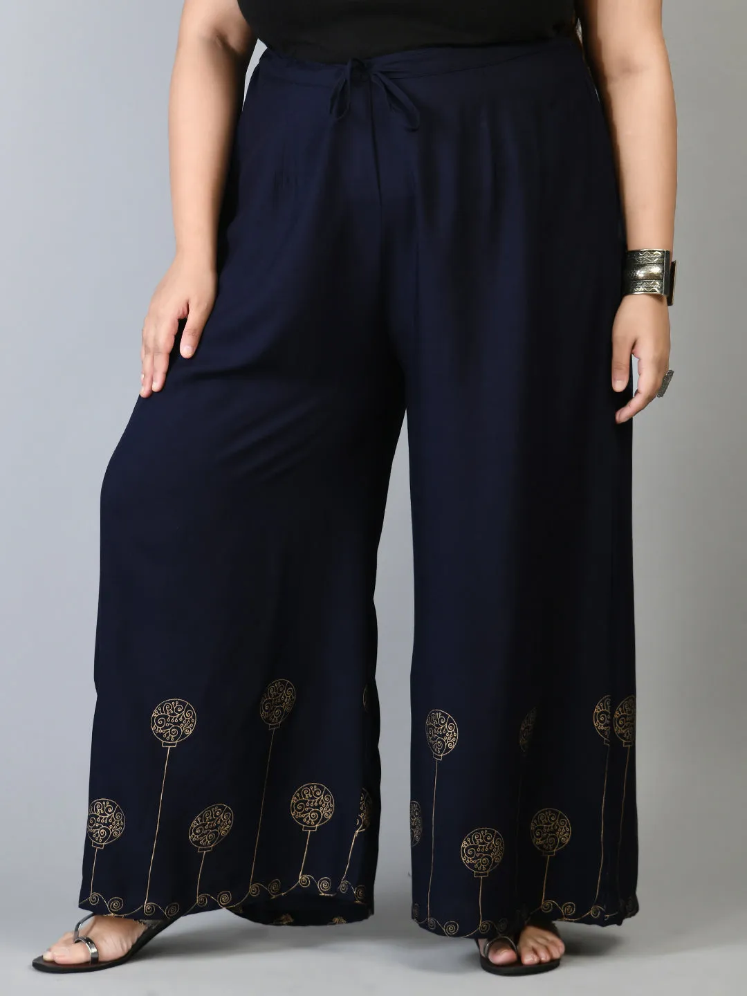 Plus Size Plus Size Navy Gold Printed Palazzos