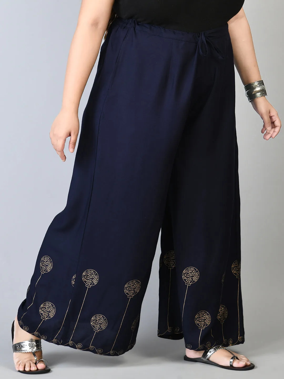 Plus Size Plus Size Navy Gold Printed Palazzos