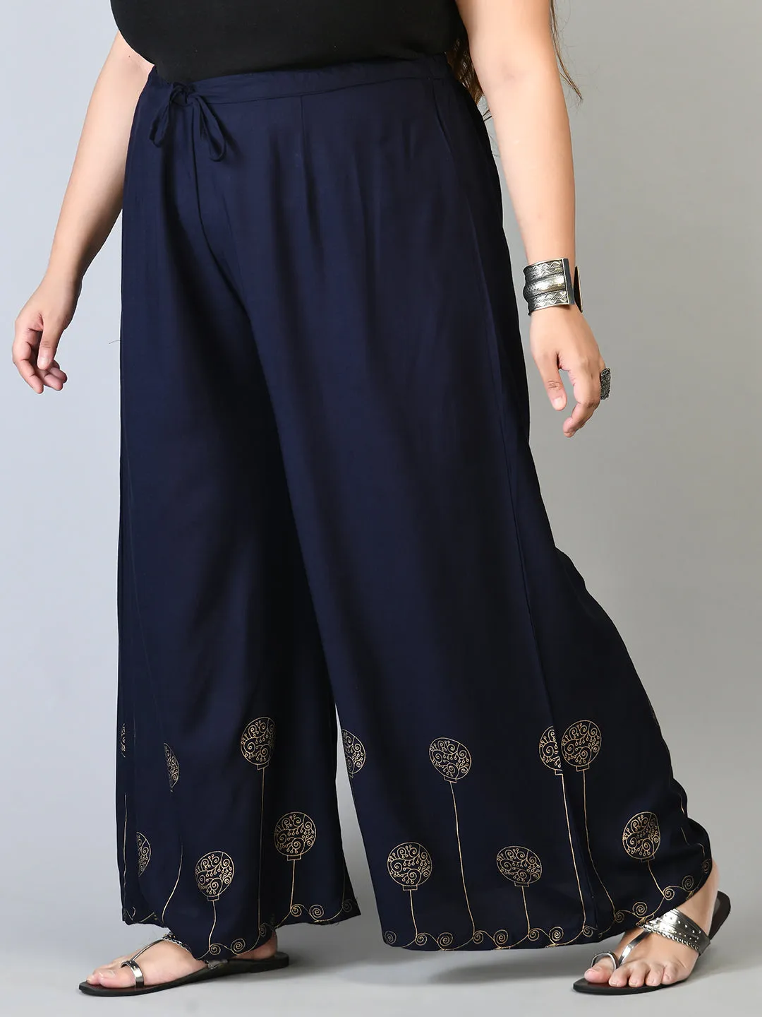 Plus Size Plus Size Navy Gold Printed Palazzos