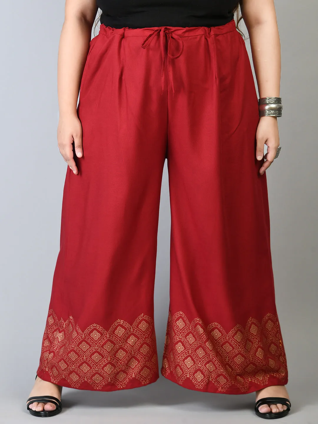 Plus Size Plus Size Red Diamond Gold Printed Palazzos