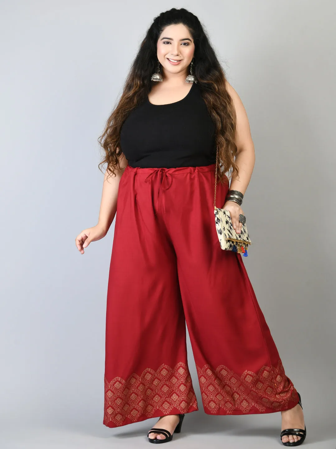 Plus Size Plus Size Red Diamond Gold Printed Palazzos