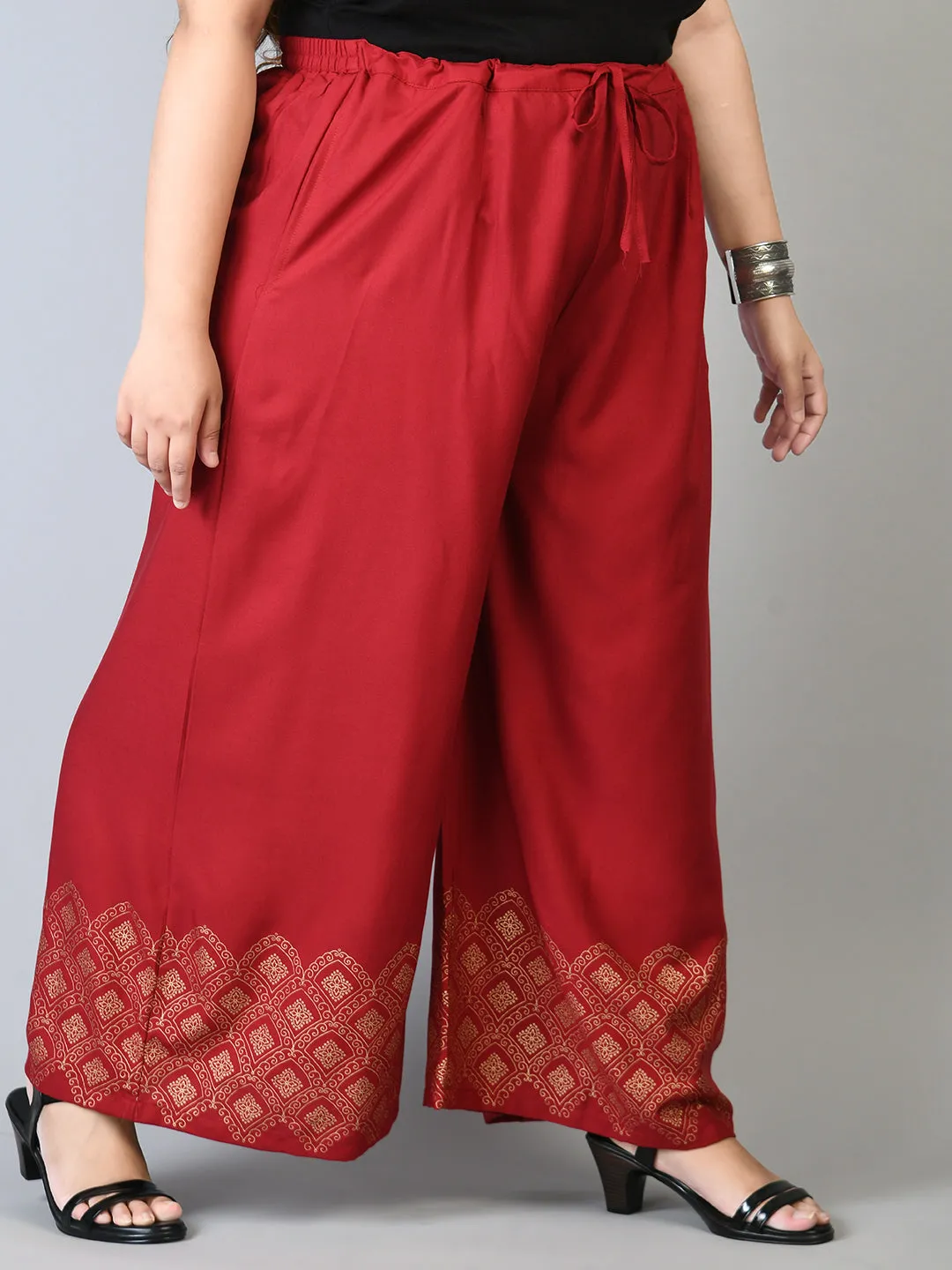 Plus Size Plus Size Red Diamond Gold Printed Palazzos