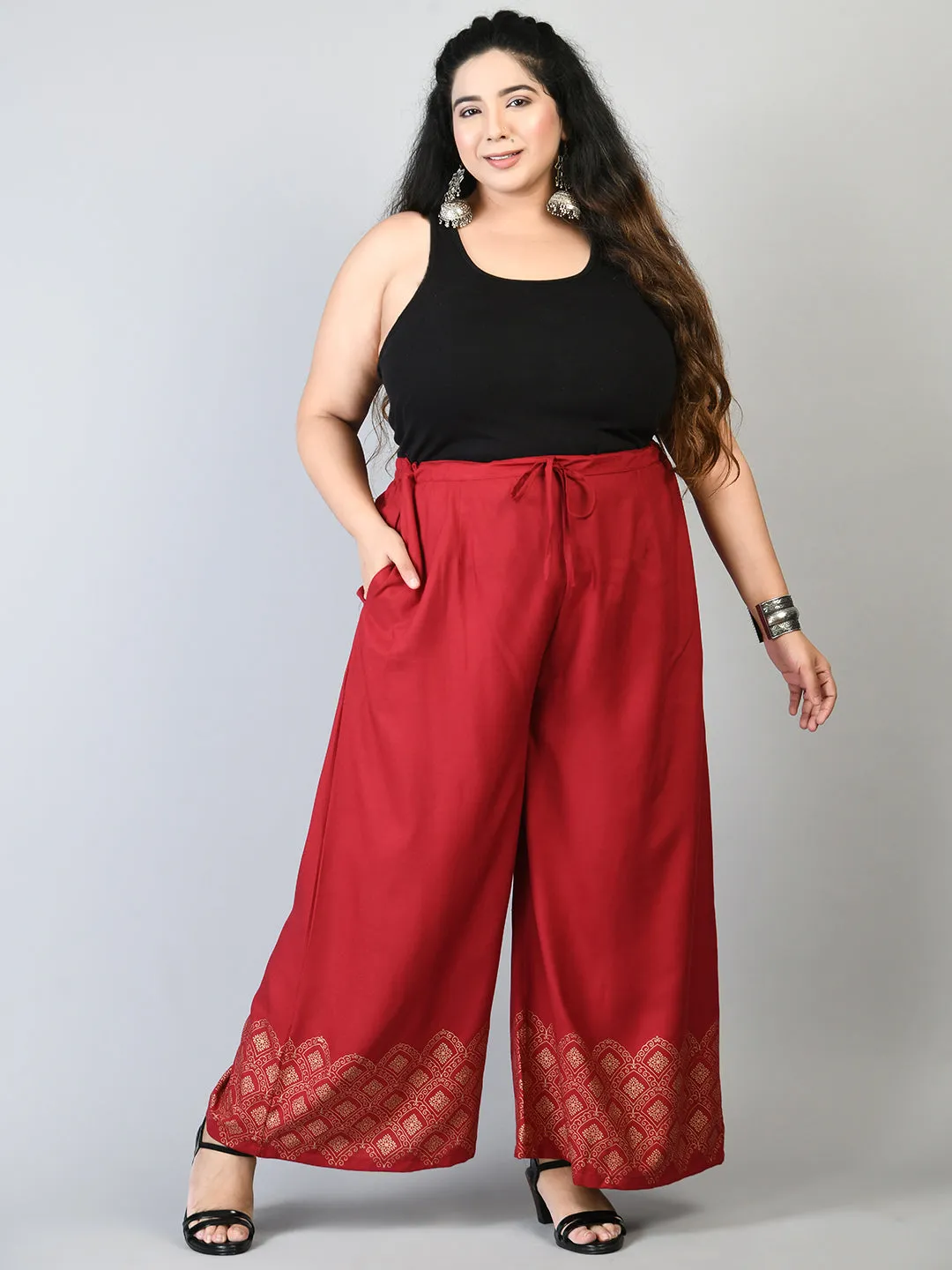 Plus Size Plus Size Red Diamond Gold Printed Palazzos