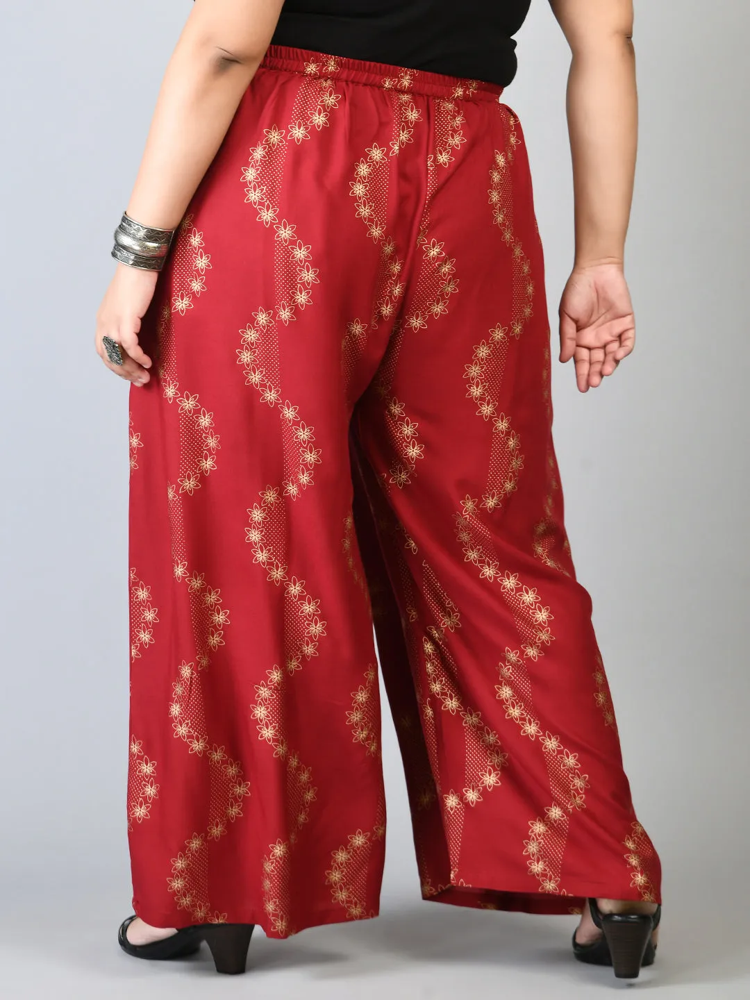 Plus Size Plus Size Red Floral Gold Printed Palazzos