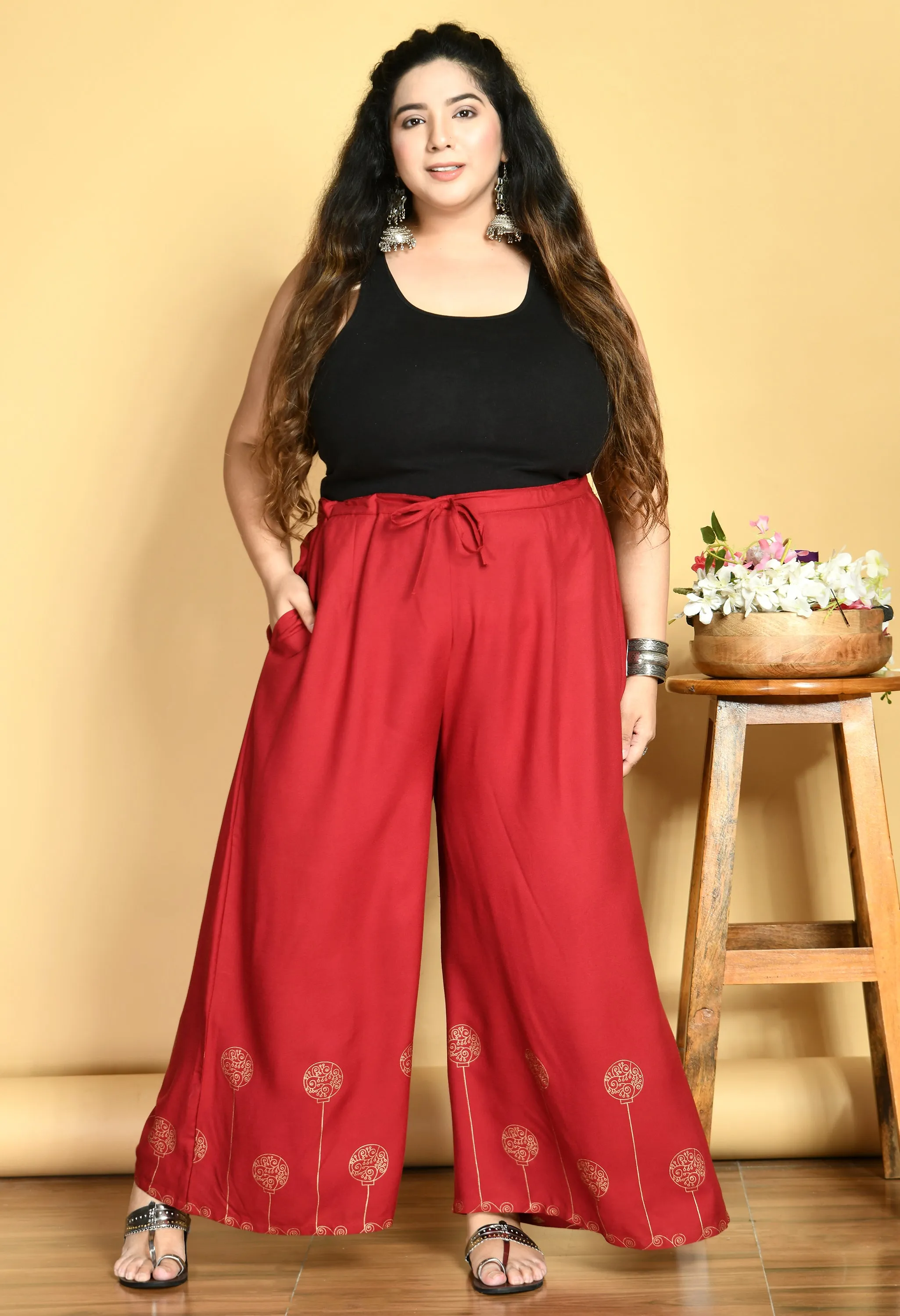 Plus Size Plus Size Red Gold Printed Palazzos