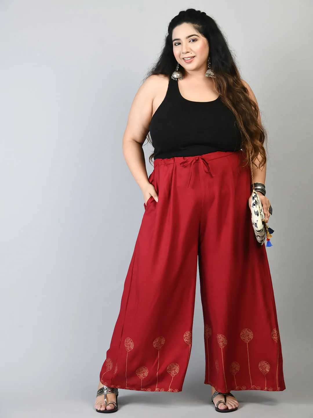 Plus Size Plus Size Red Gold Printed Palazzos