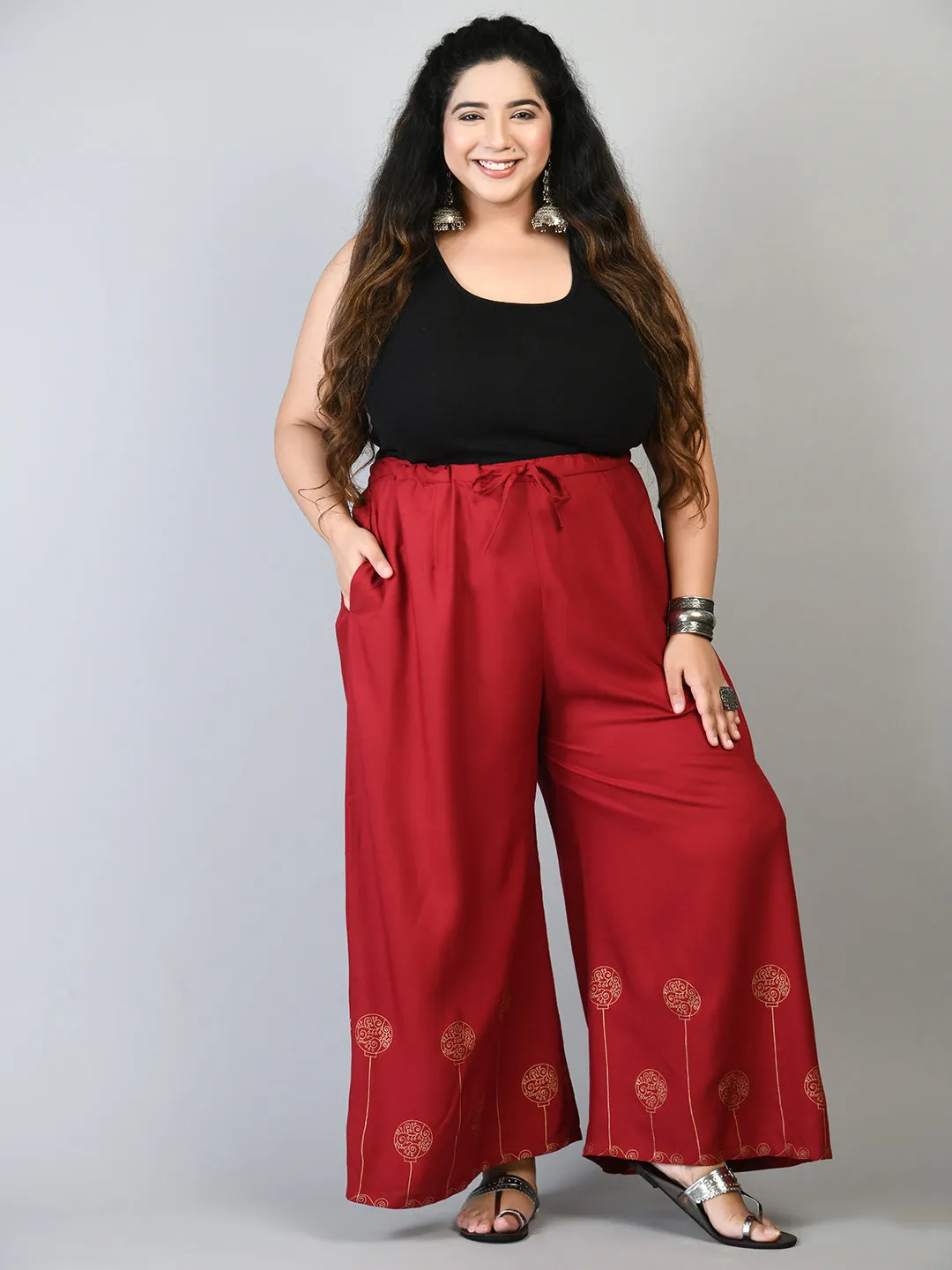 Plus Size Plus Size Red Gold Printed Palazzos