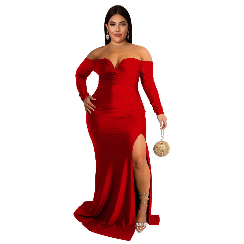 Plus Size Women Clothes Sexy Dress Nightclub V neck Formal Dress Solid Color Split Maxi Dress Autumn Winter High Split