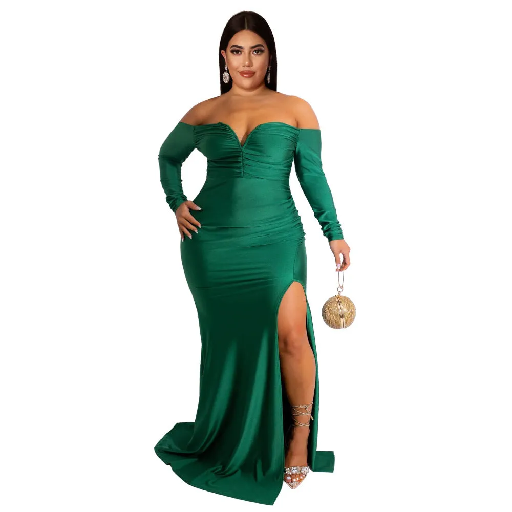 Plus Size Women Clothes Sexy Dress Nightclub V neck Formal Dress Solid Color Split Maxi Dress Autumn Winter High Split