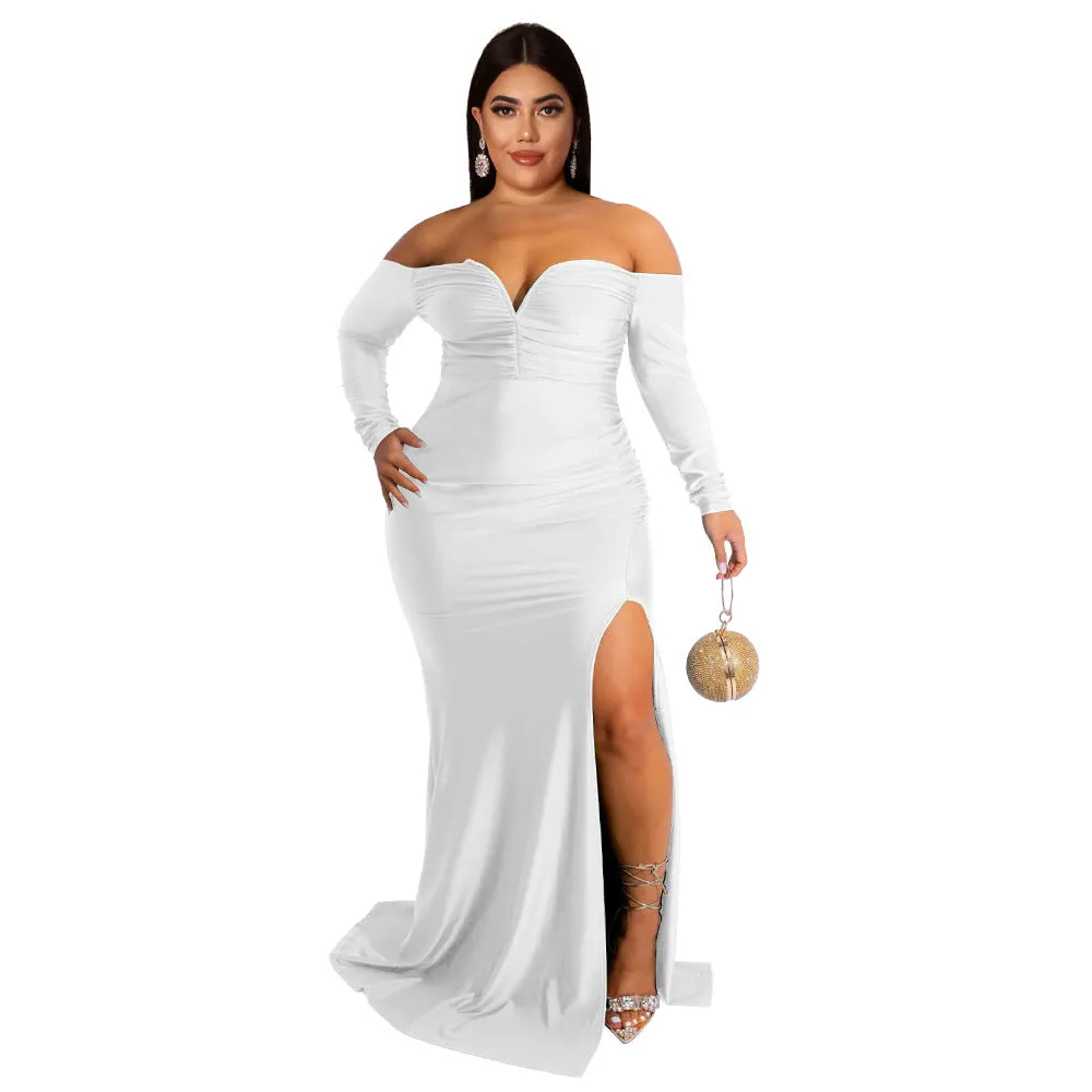 Plus Size Women Clothes Sexy Dress Nightclub V neck Formal Dress Solid Color Split Maxi Dress Autumn Winter High Split