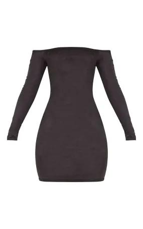 PrettyLittleThing Womens Violla Black Suede Bardot Long Sleeve Bodycon Dress