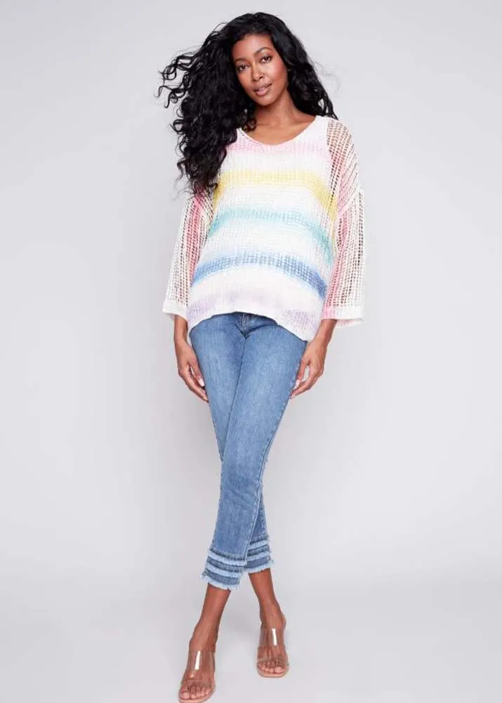 Printed Rainbow V-Neck Fishnet Crochet 3/4 Sleeve Top