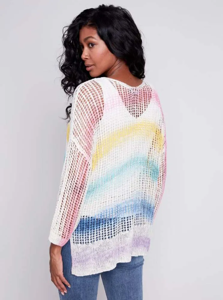 Printed Rainbow V-Neck Fishnet Crochet 3/4 Sleeve Top