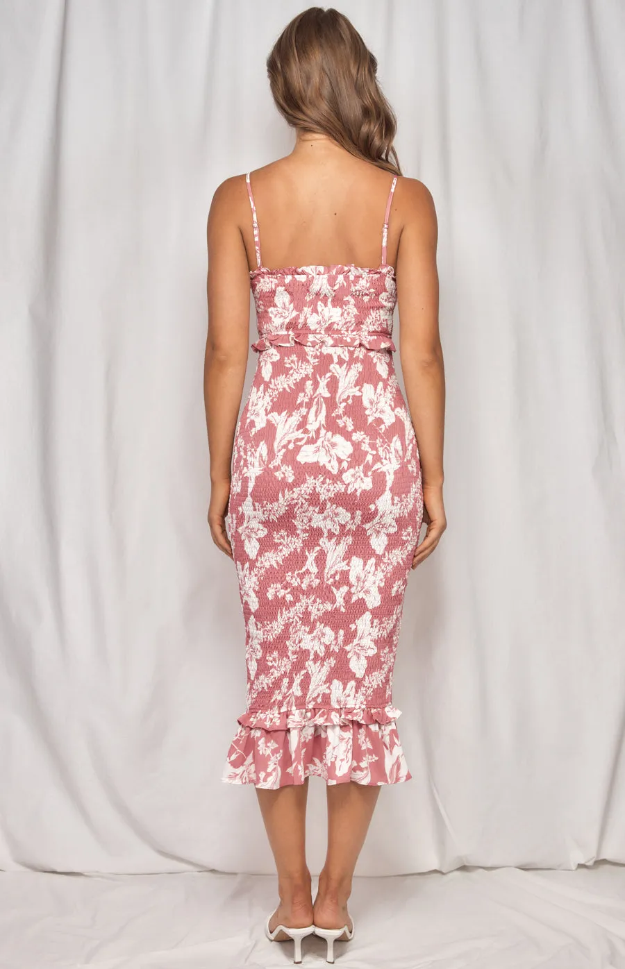 Printed Shirred Midi Dress With Frill Waist Detail