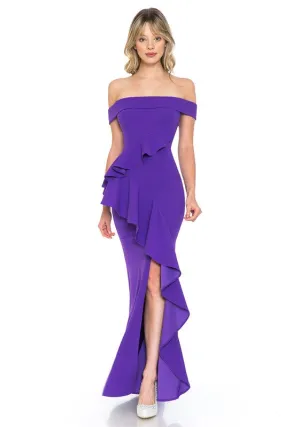 Purple Off Shoulder Ruffled Bodycon Dress With Thigh Slit