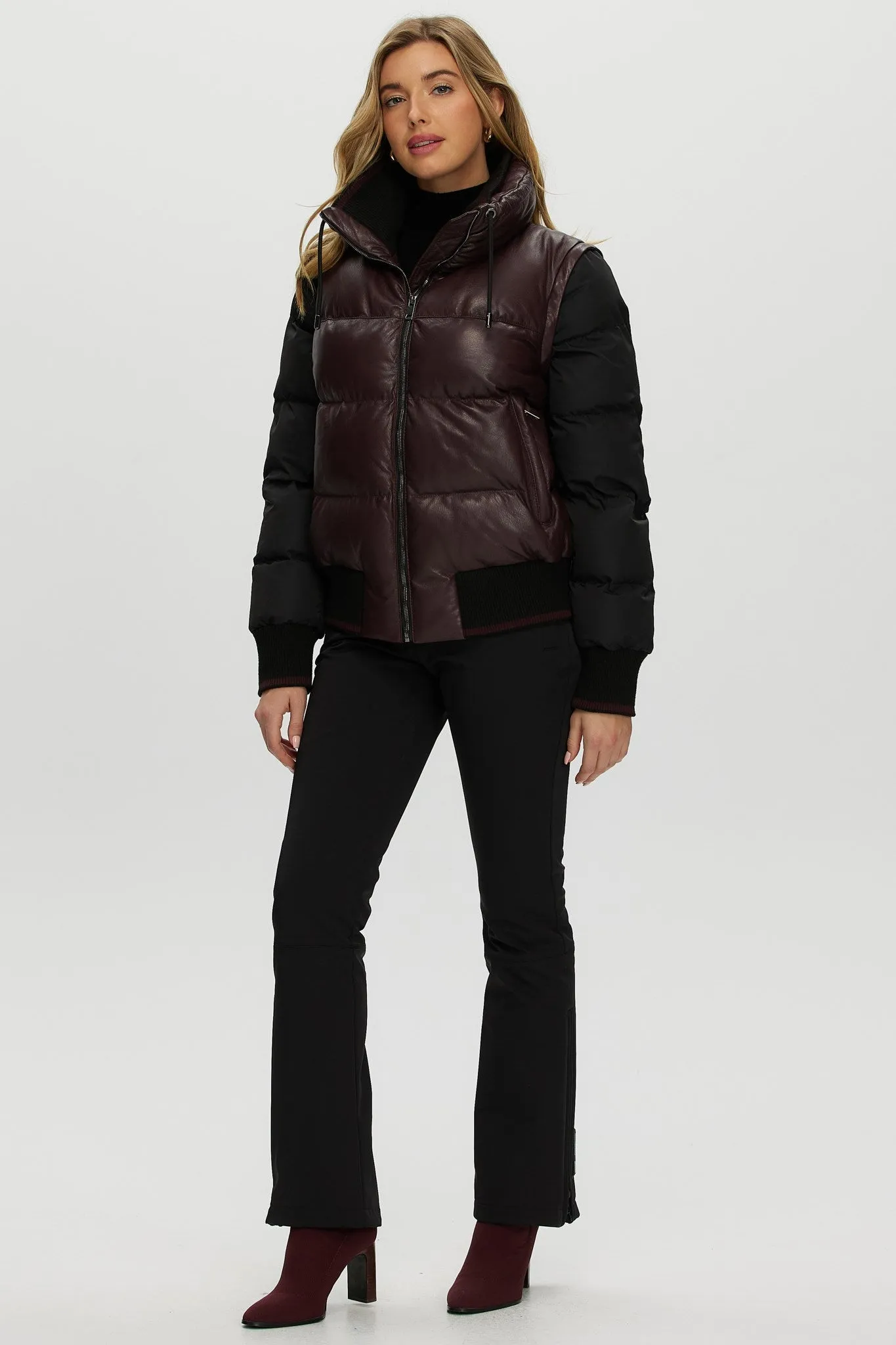 Quilted Leather Jacket with Detachable Fabric Sleeves