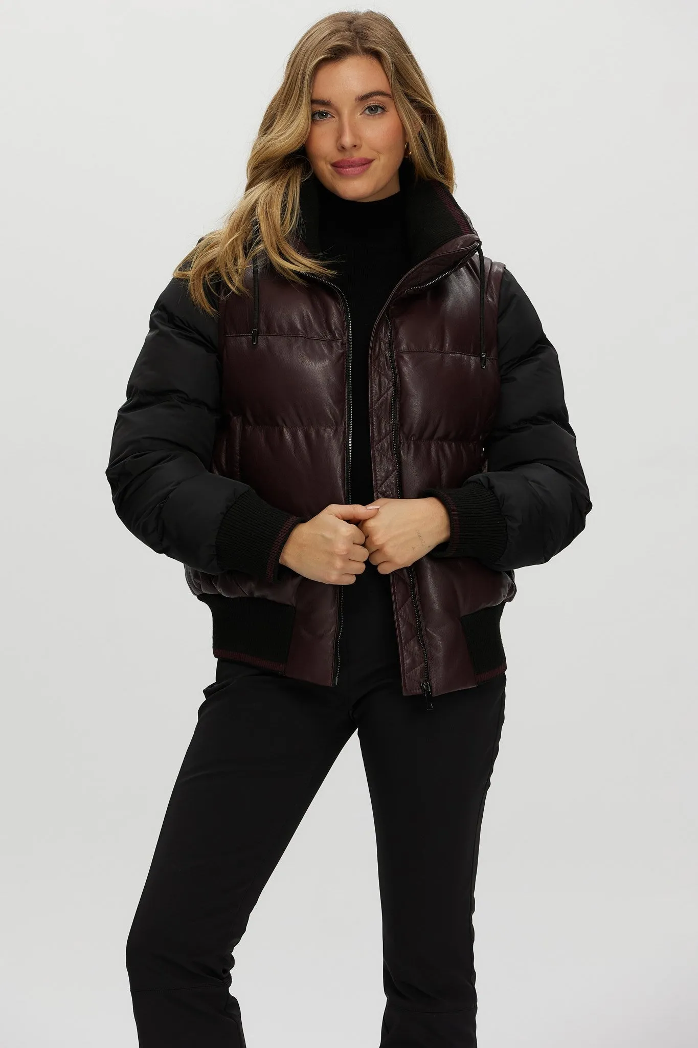 Quilted Leather Jacket with Detachable Fabric Sleeves