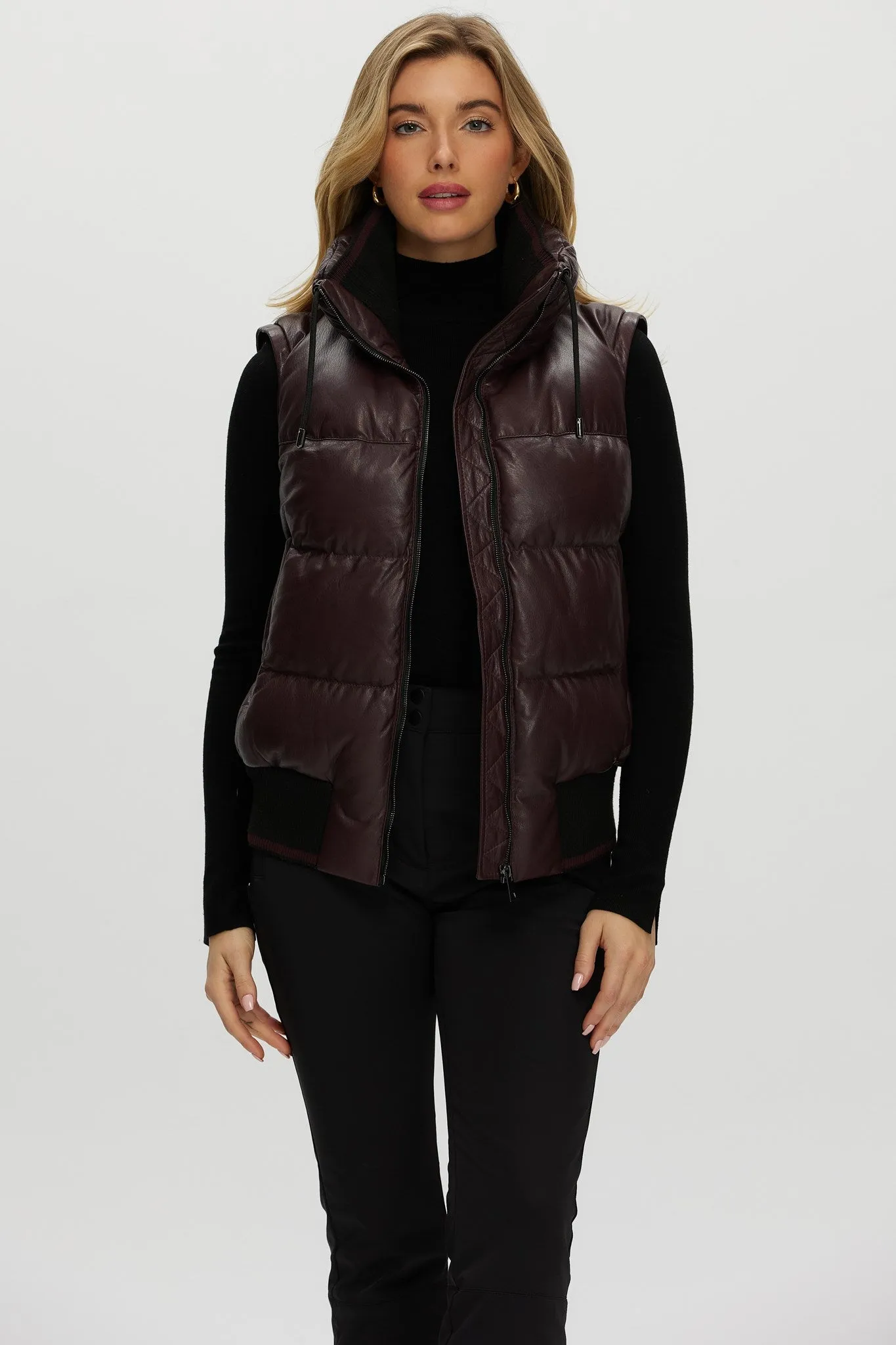 Quilted Leather Jacket with Detachable Fabric Sleeves