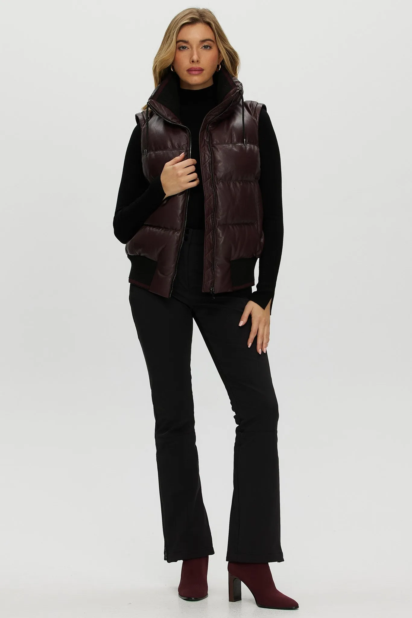 Quilted Leather Jacket with Detachable Fabric Sleeves