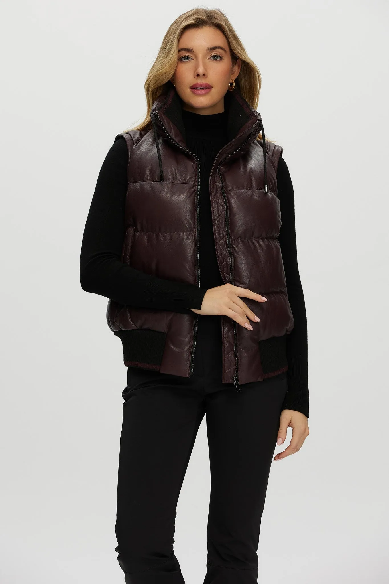 Quilted Leather Jacket with Detachable Fabric Sleeves