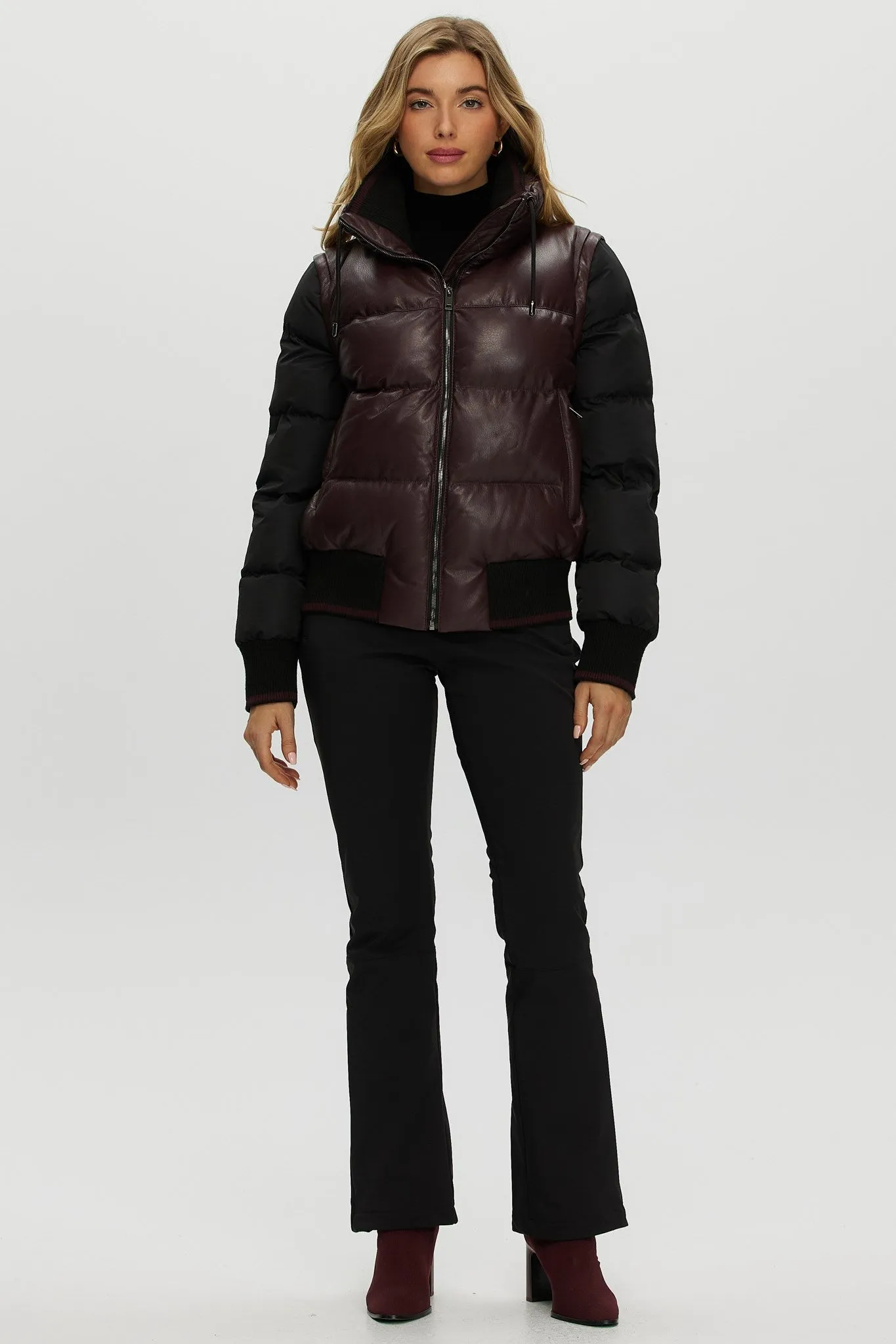 Quilted Leather Jacket with Detachable Fabric Sleeves