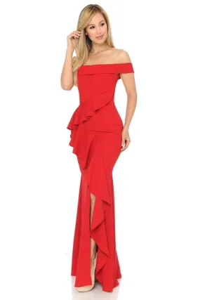 Red Off Shoulder Ruffled Bodycon Dress With Thigh Slit