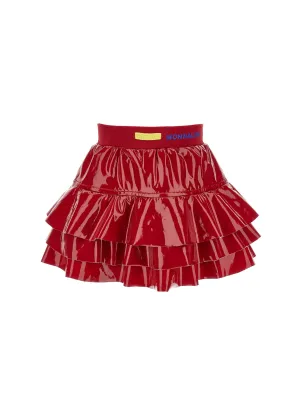 Red Shiny Leather Ruffled Skirt