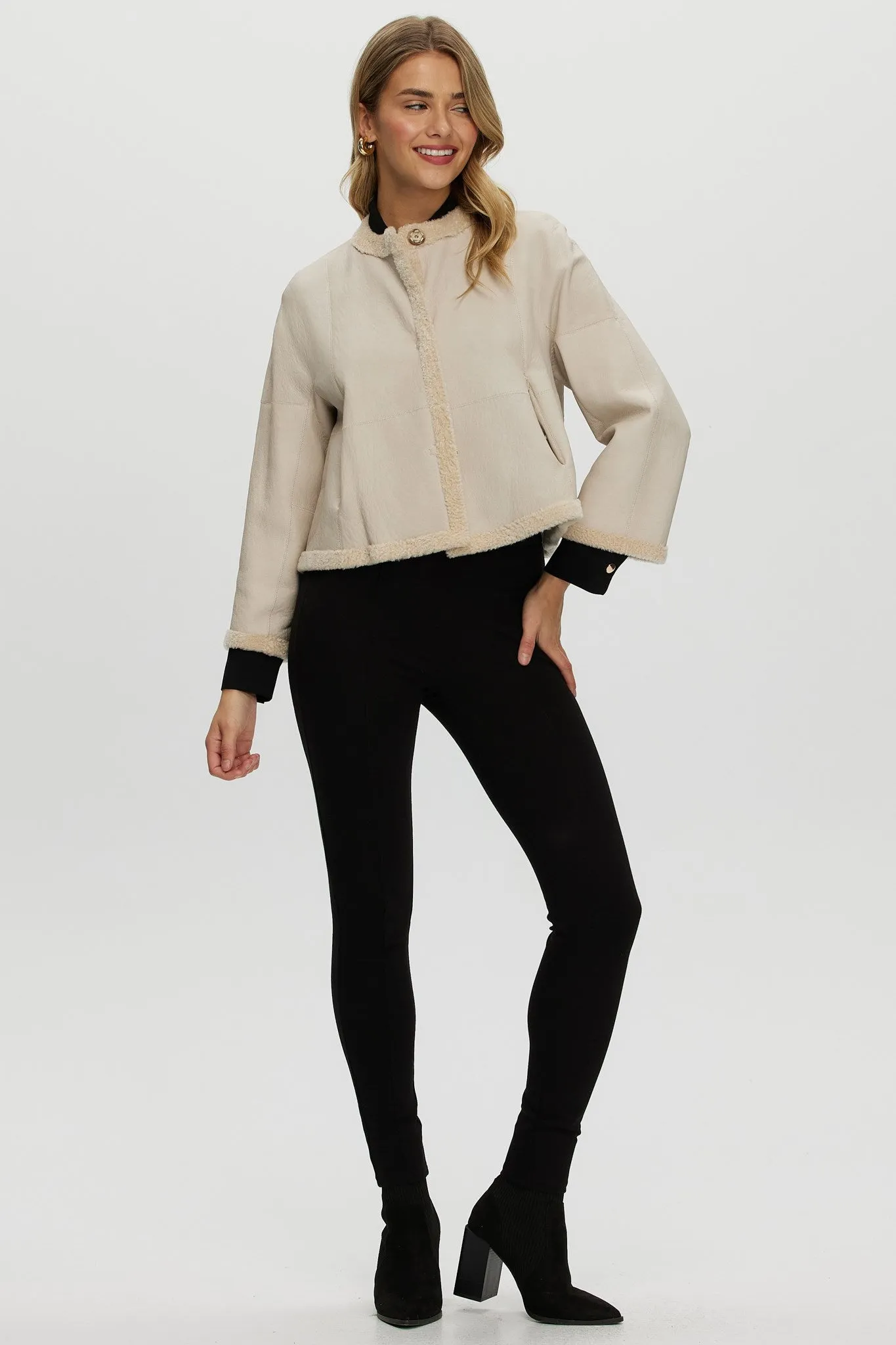 Reversible Collarless New Zealand Shearling Lamb Jacket with 3/4 Sleeves