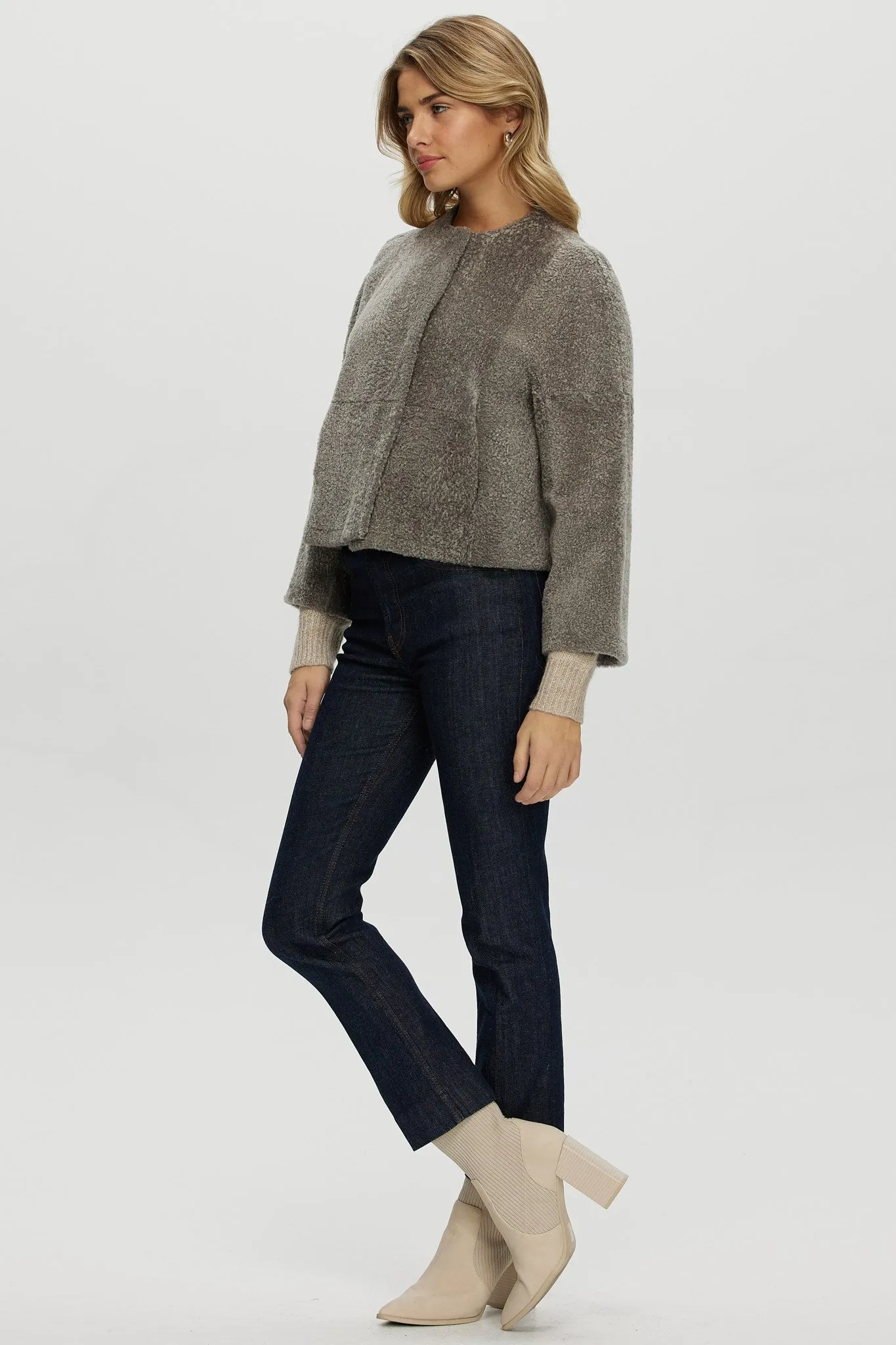 Reversible Collarless New Zealand Shearling Lamb Jacket with 3/4 Sleeves