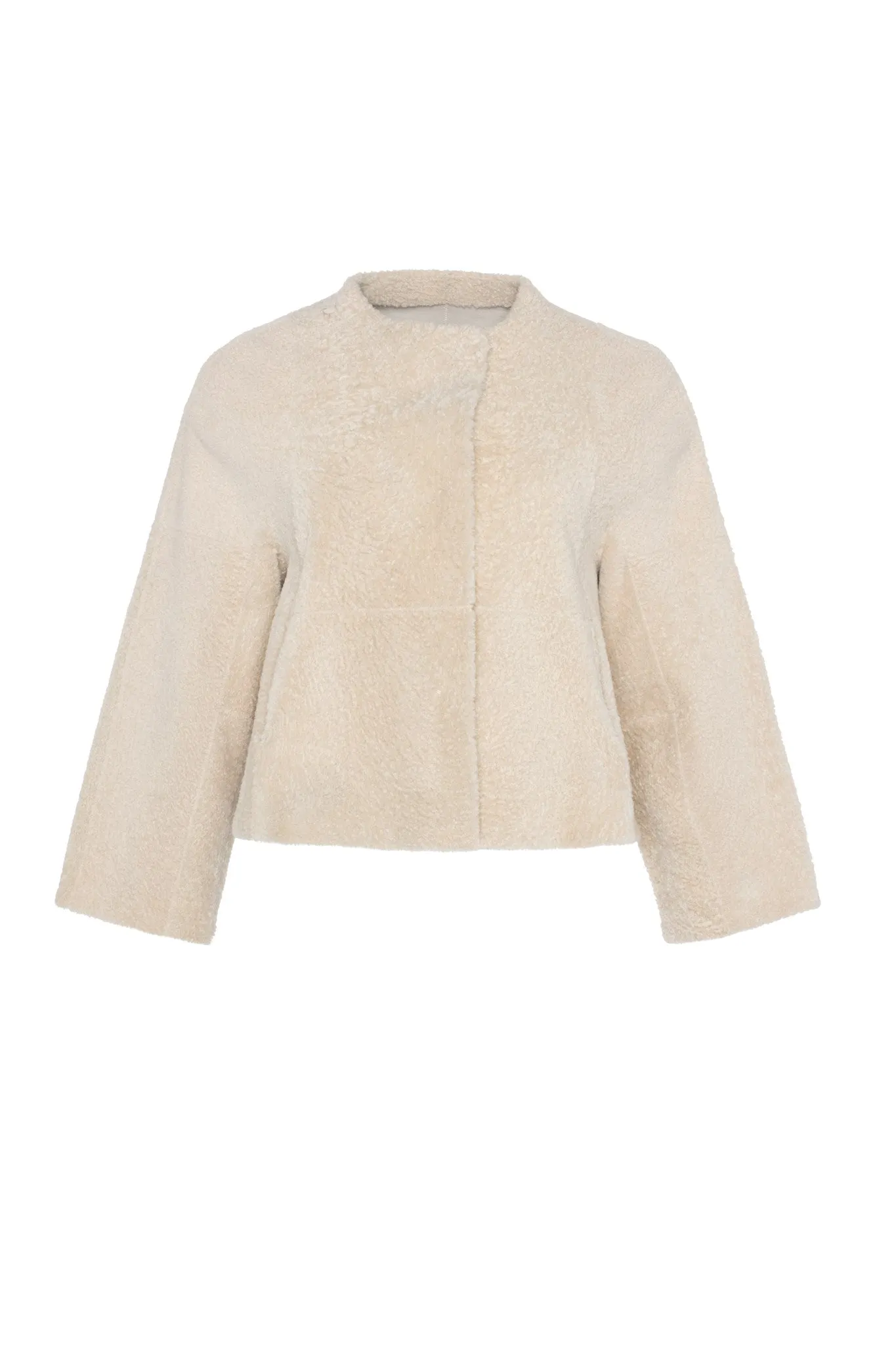 Reversible Collarless New Zealand Shearling Lamb Jacket with 3/4 Sleeves