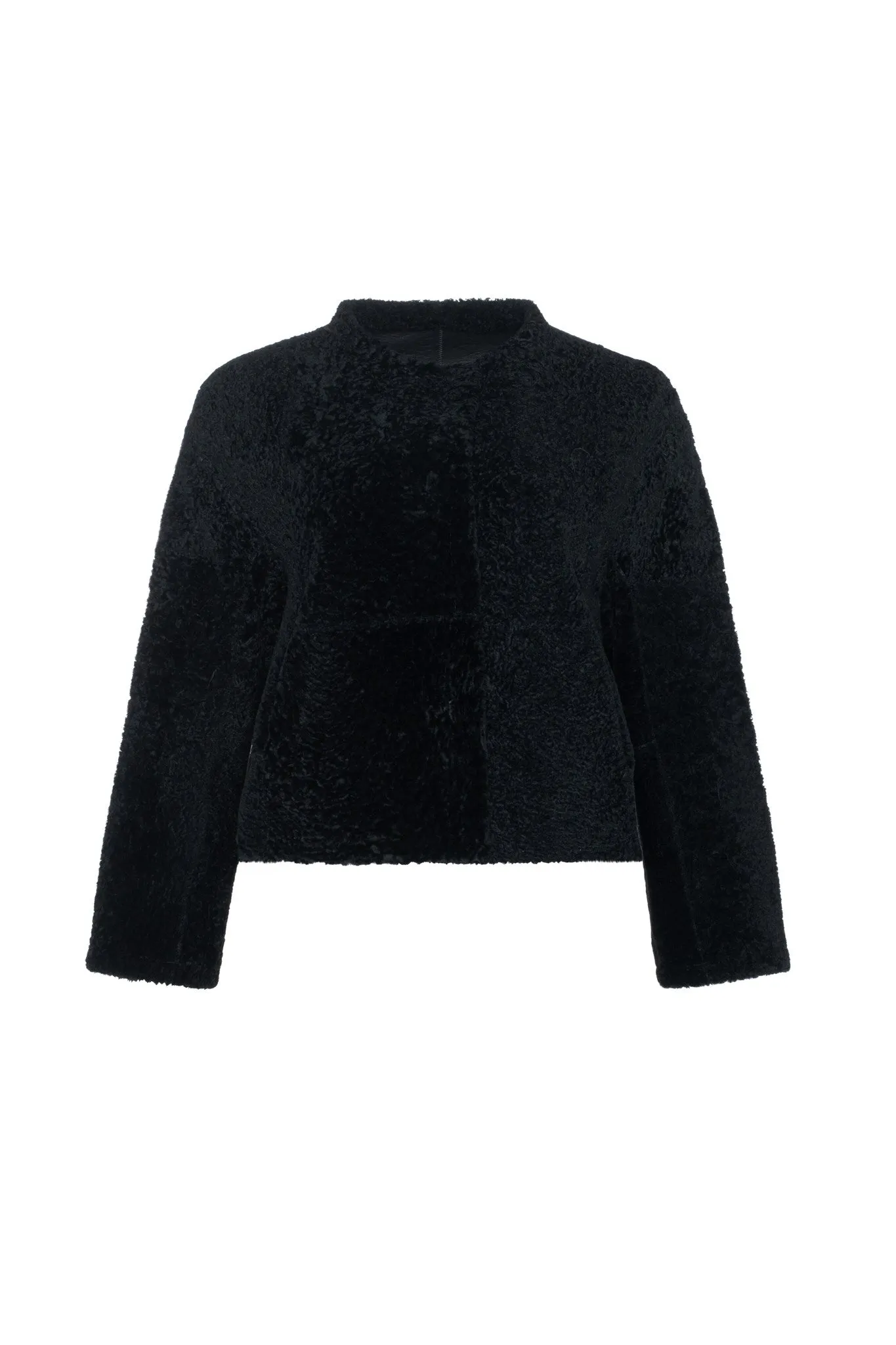 Reversible Collarless New Zealand Shearling Lamb Jacket with 3/4 Sleeves