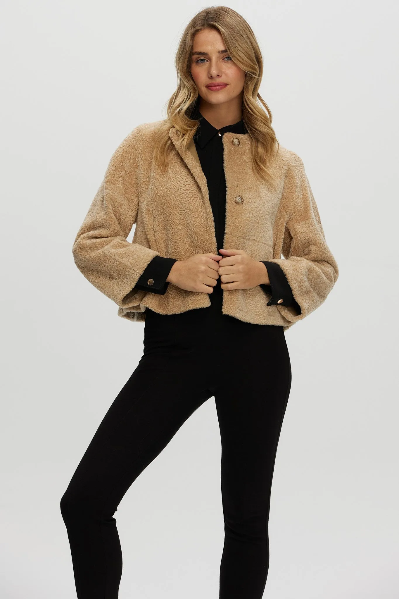 Reversible Collarless New Zealand Shearling Lamb Jacket with 3/4 Sleeves