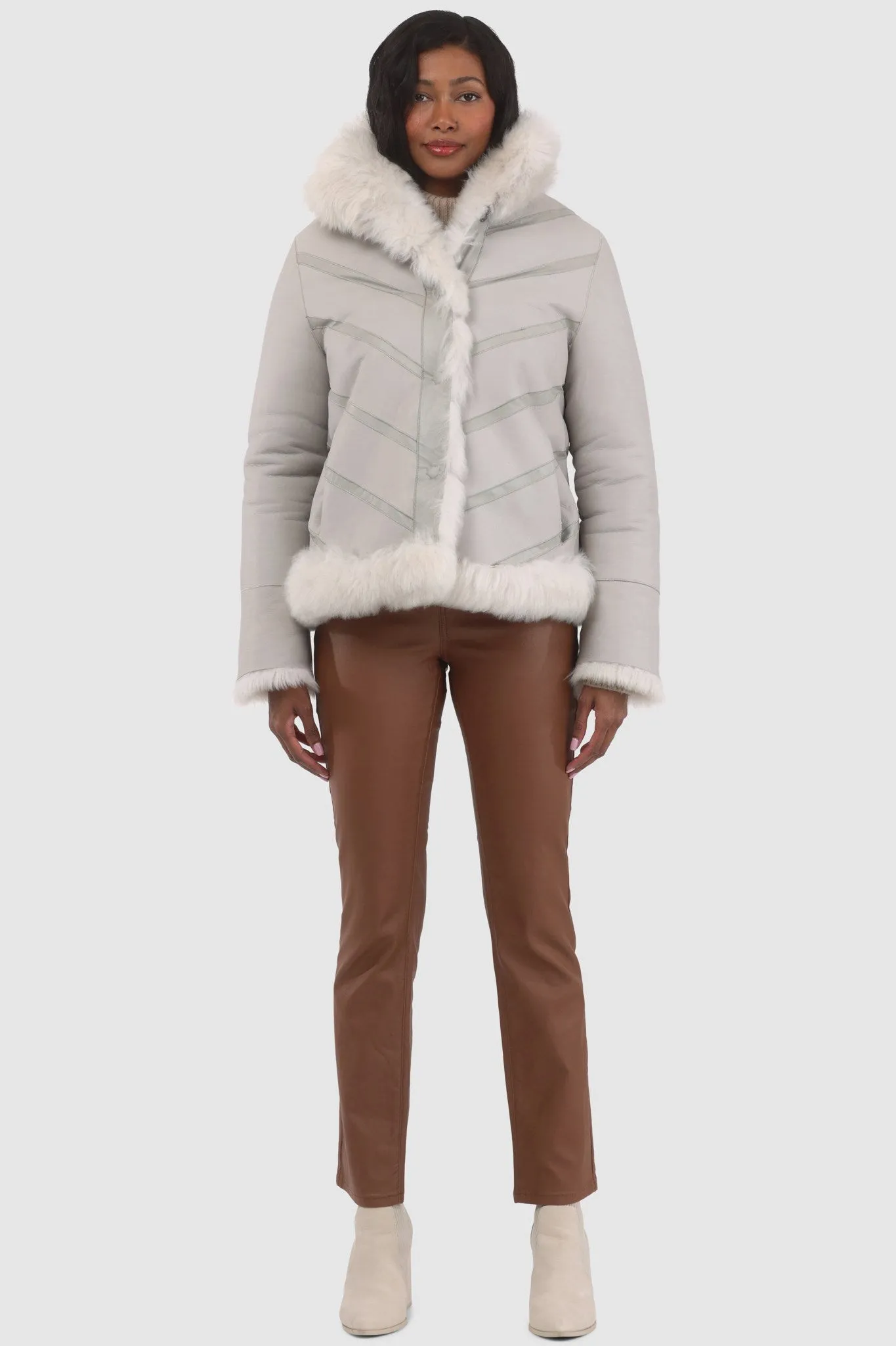 Reversible Merinillo Shearling Lamb Chevron Jacket with Horizontal Bottom