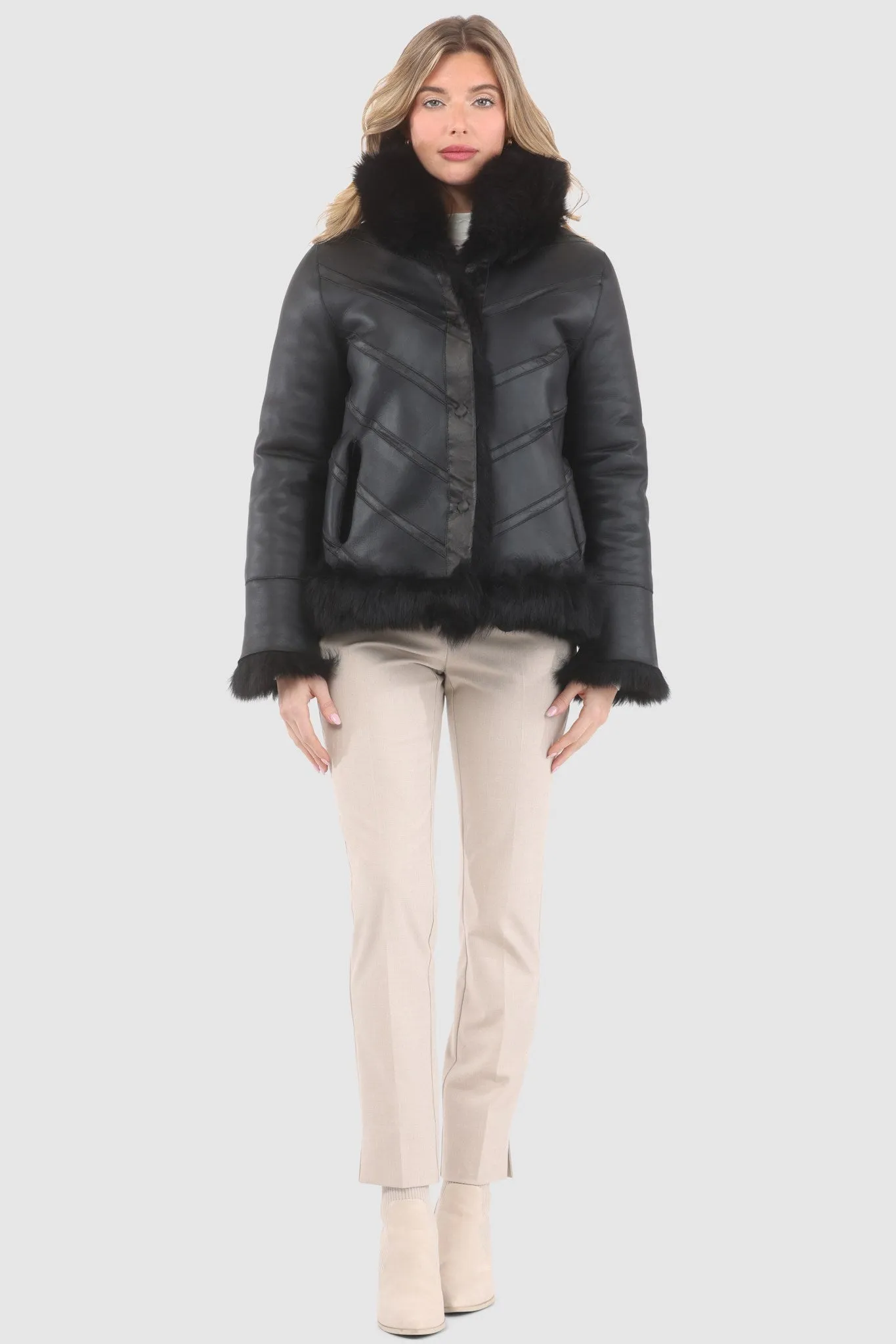 Reversible Merinillo Shearling Lamb Chevron Jacket with Horizontal Bottom