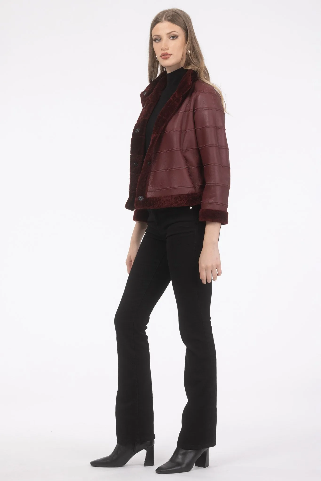 Reversible Textured Shearling Lamb Jacket with Cropped Sleeves