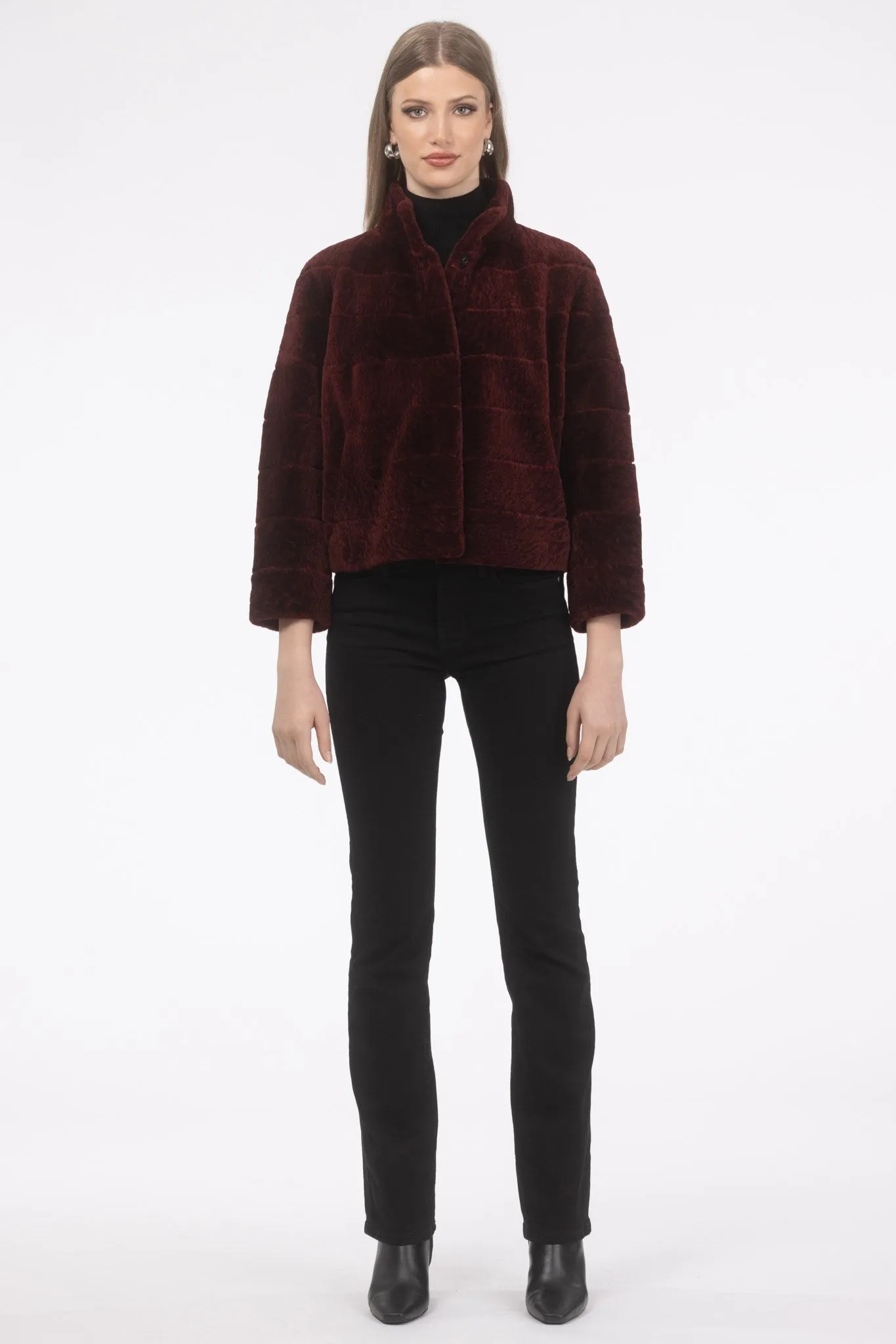 Reversible Textured Shearling Lamb Jacket with Cropped Sleeves