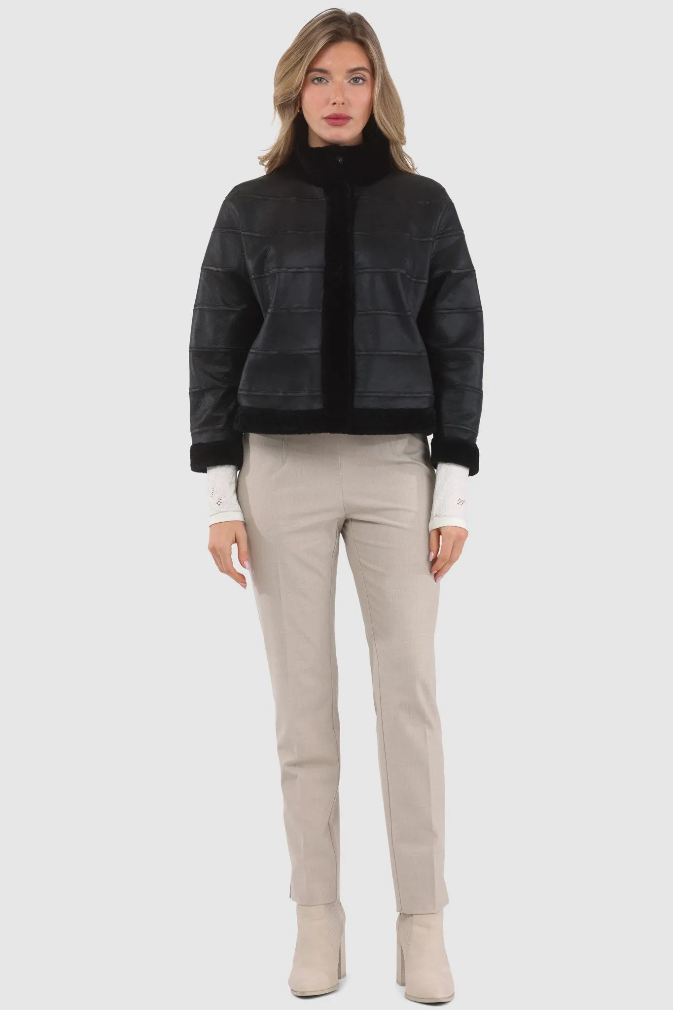 Reversible Textured Shearling Lamb Jacket with Cropped Sleeves