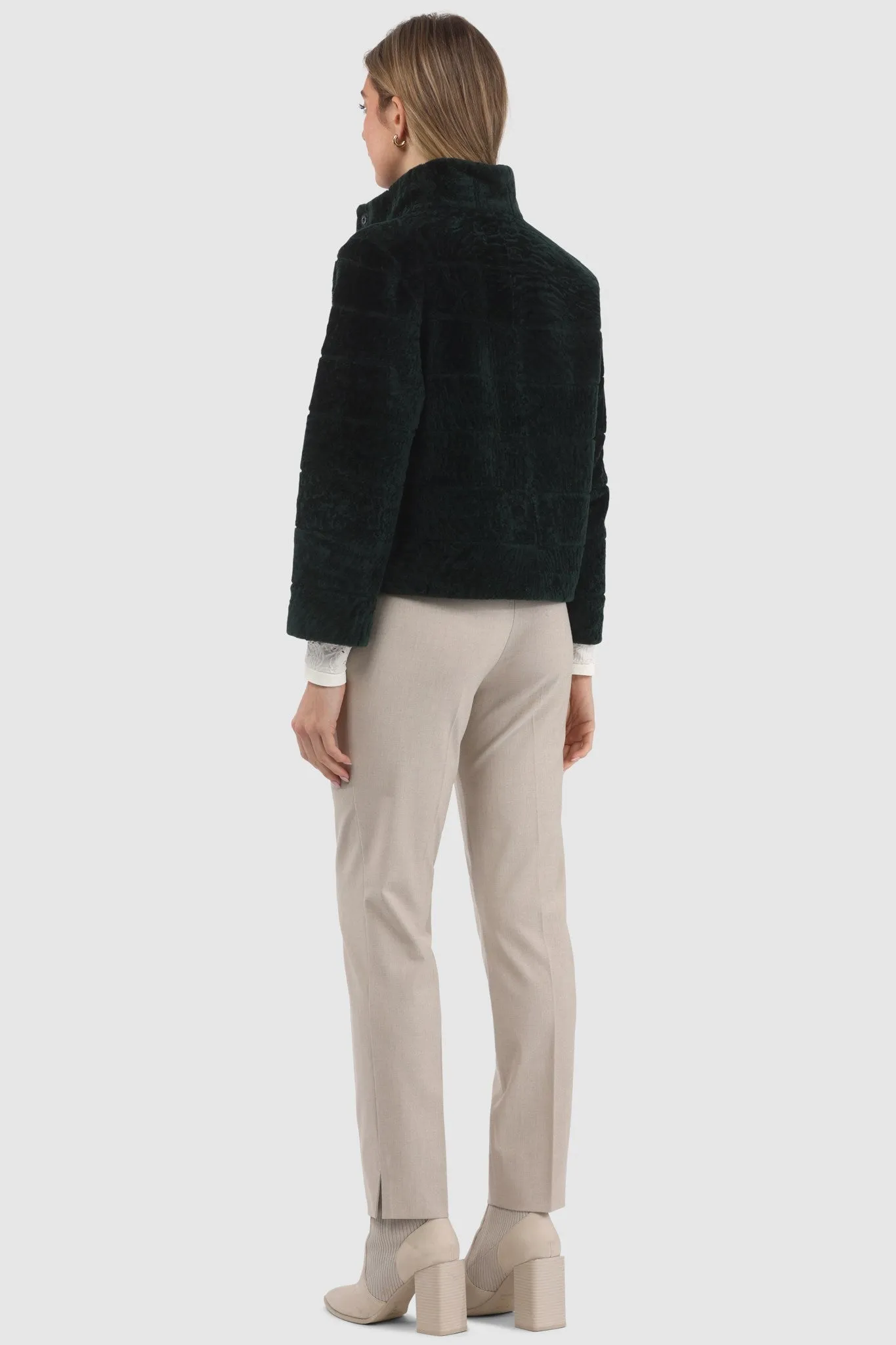 Reversible Textured Shearling Lamb Jacket with Cropped Sleeves