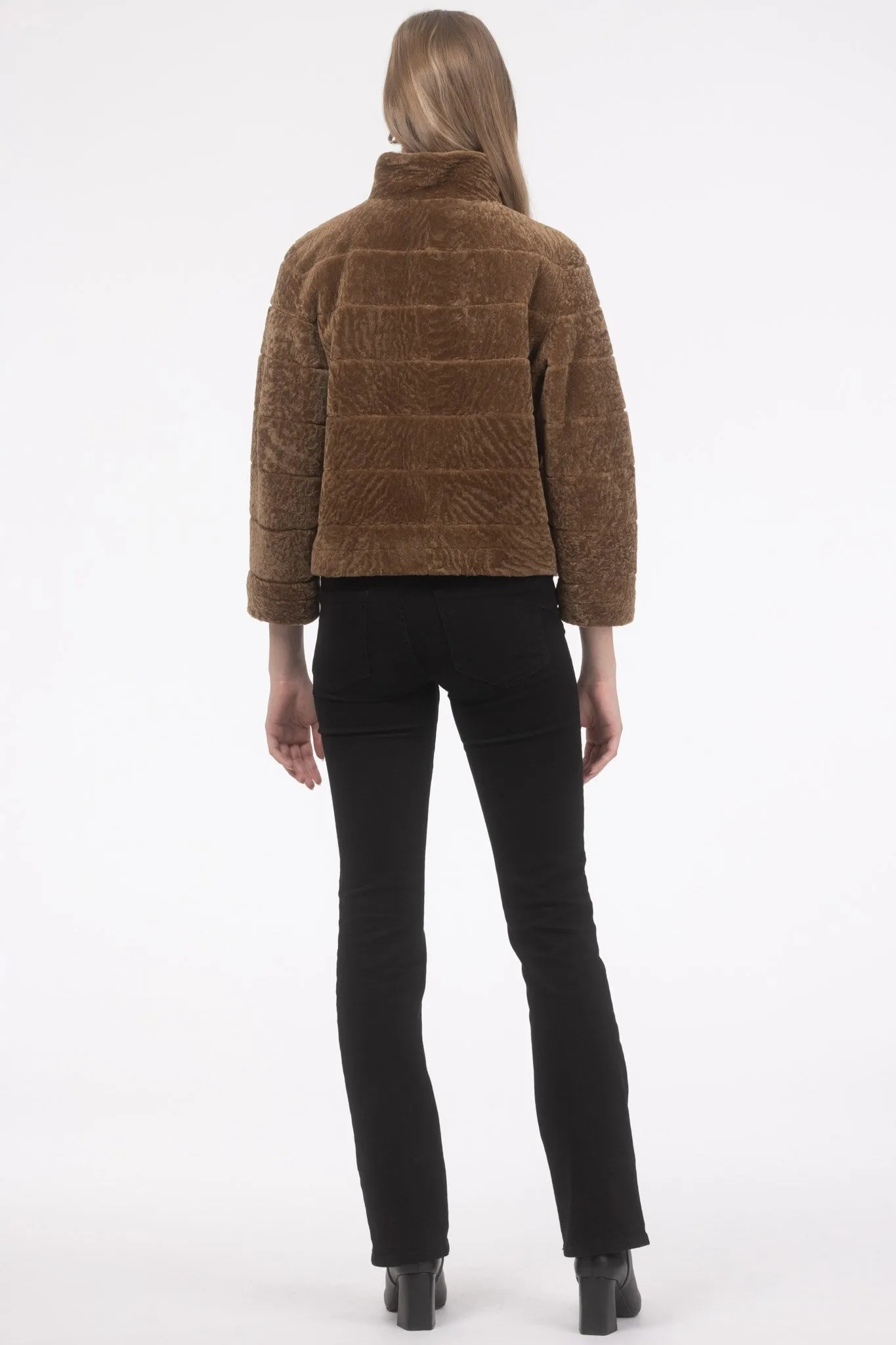 Reversible Textured Shearling Lamb Jacket with Cropped Sleeves