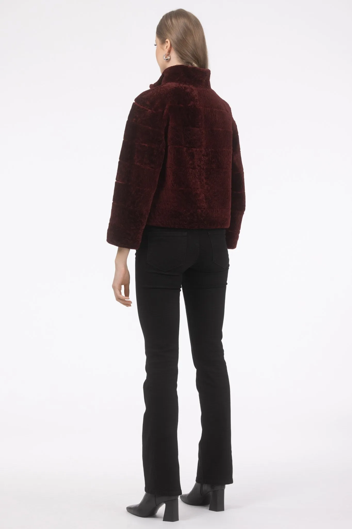 Reversible Textured Shearling Lamb Jacket with Cropped Sleeves