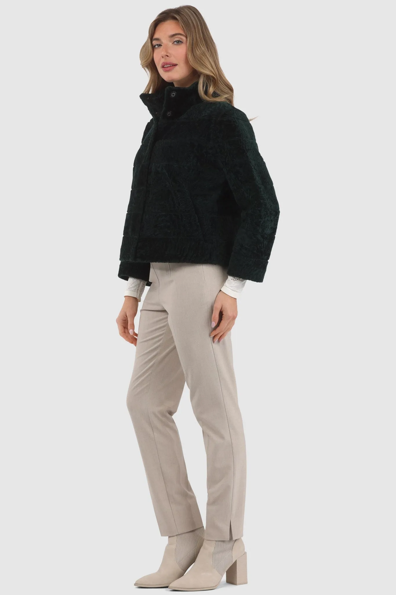 Reversible Textured Shearling Lamb Jacket with Cropped Sleeves